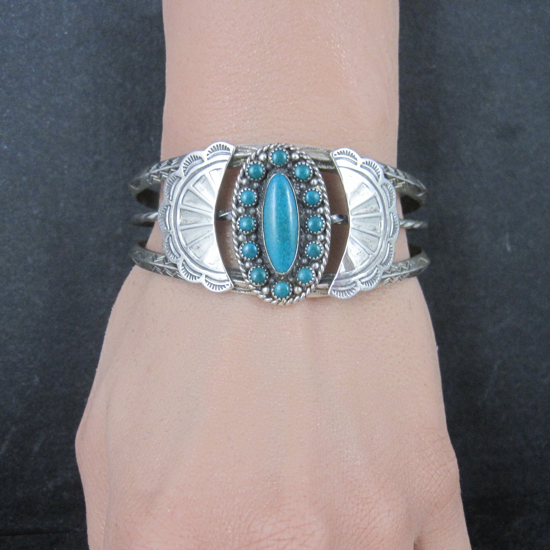 Southwestern Sterling Cluster Cuff Bracelet 6.25 Inches