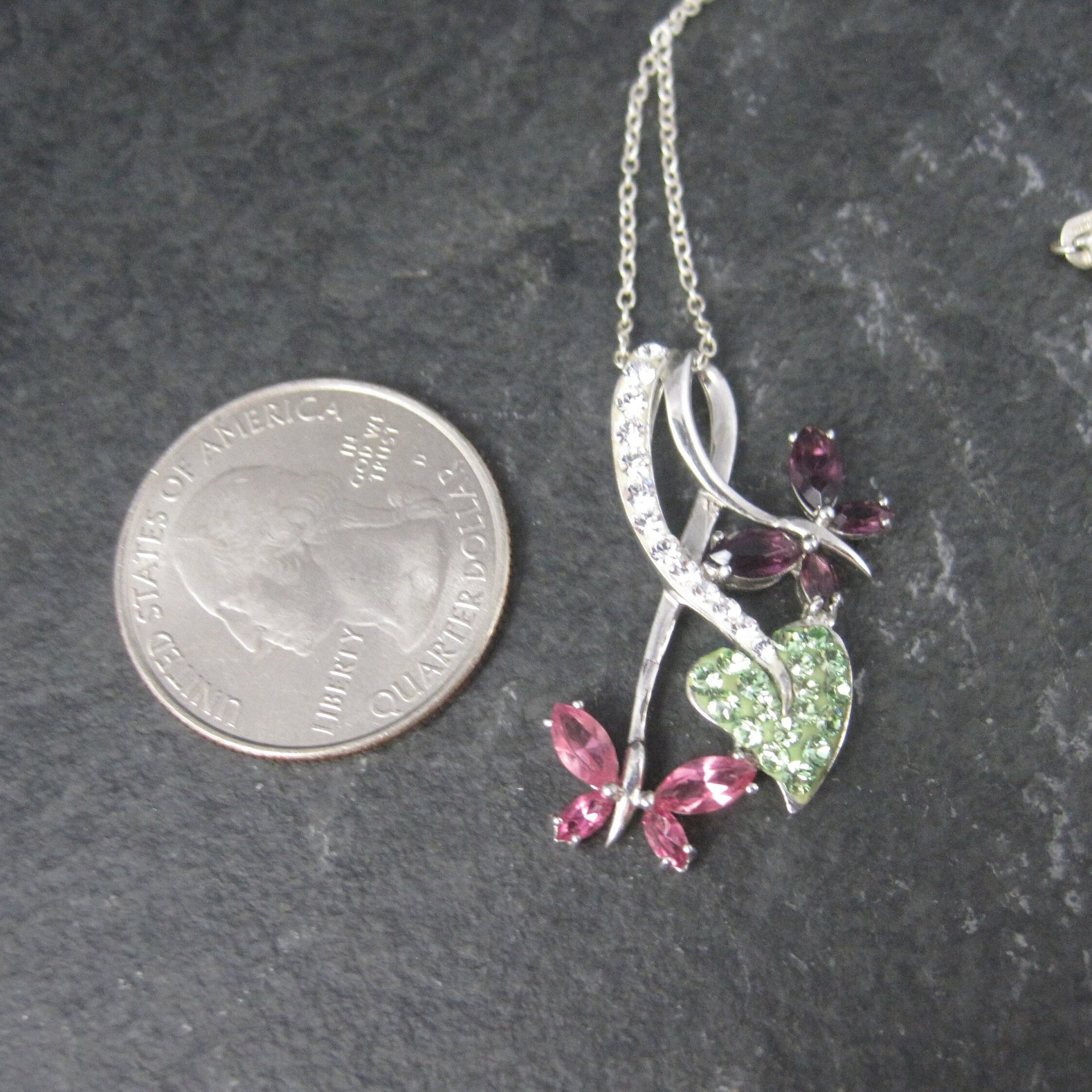 Estate Sterling Pink Purple Butterfly Pendant Necklace