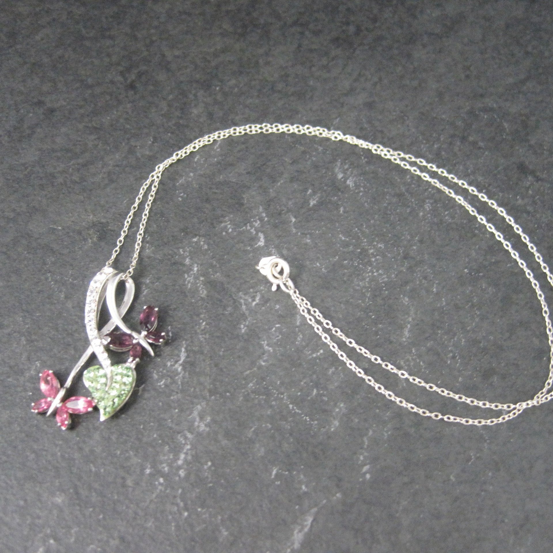 Estate Sterling Pink Purple Butterfly Pendant Necklace