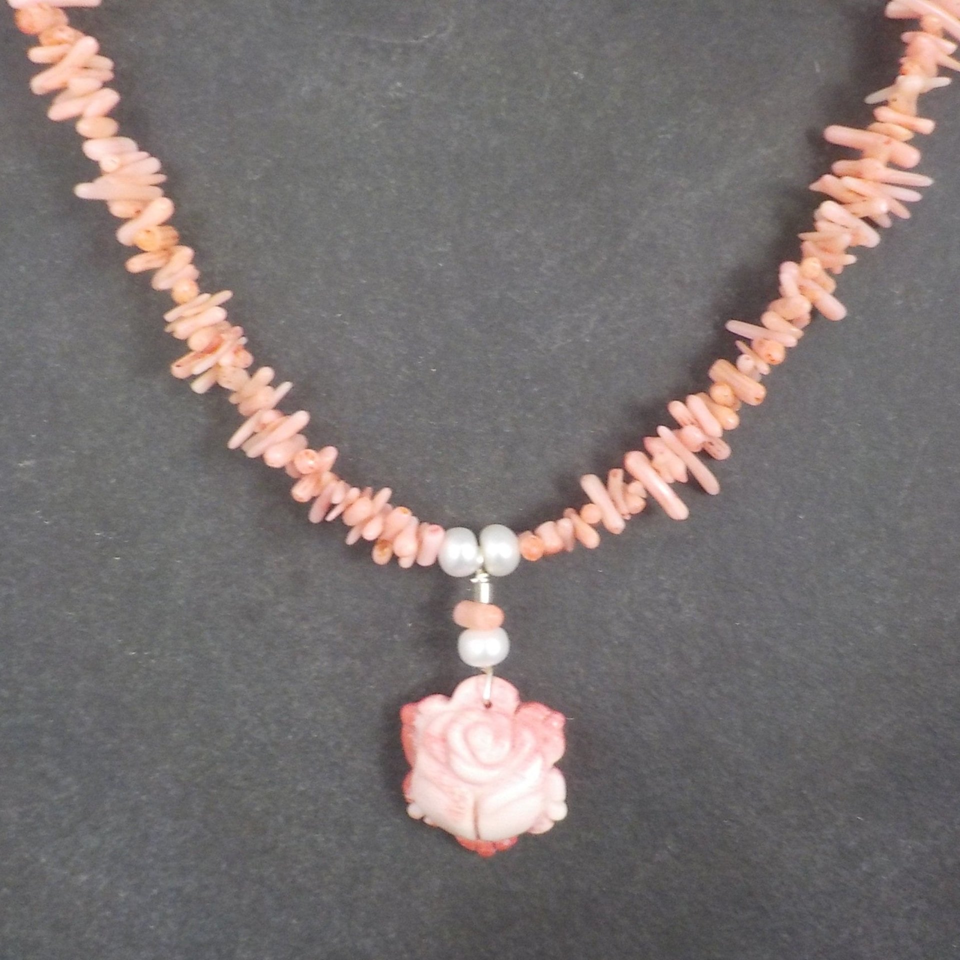 Vintage Coral Pearl Rose Necklace 17 Inches