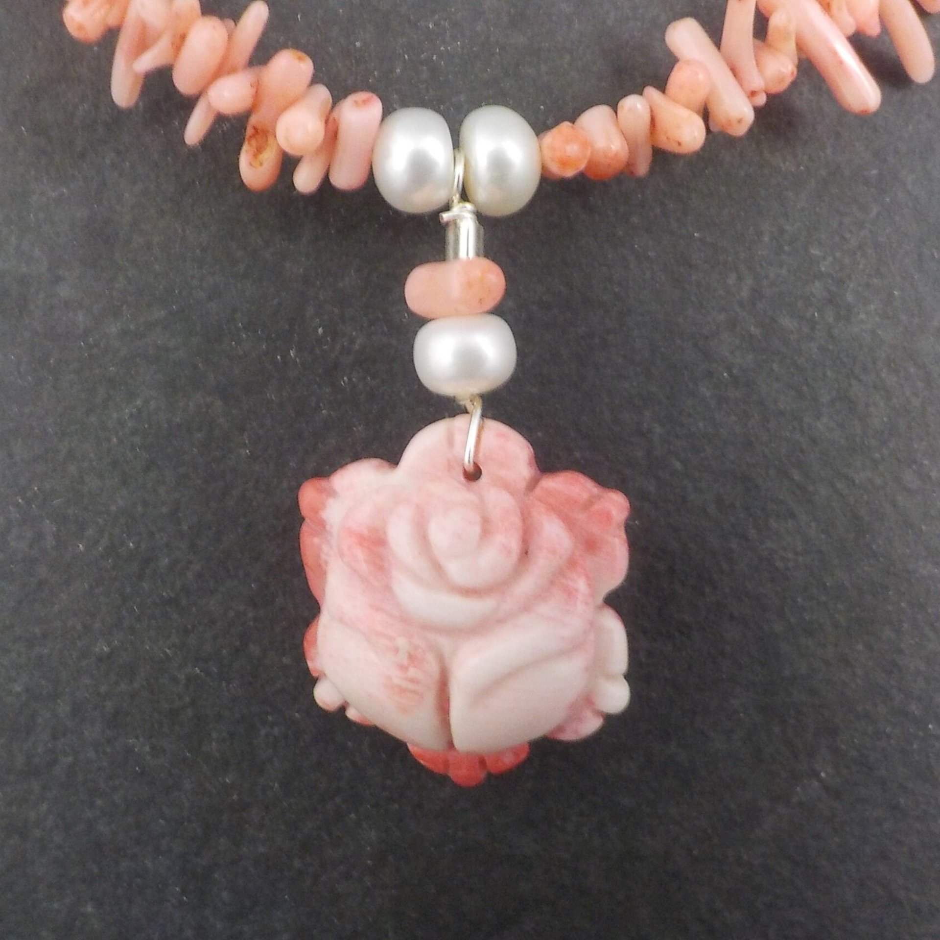 Vintage Coral Pearl Rose Necklace 17 Inches