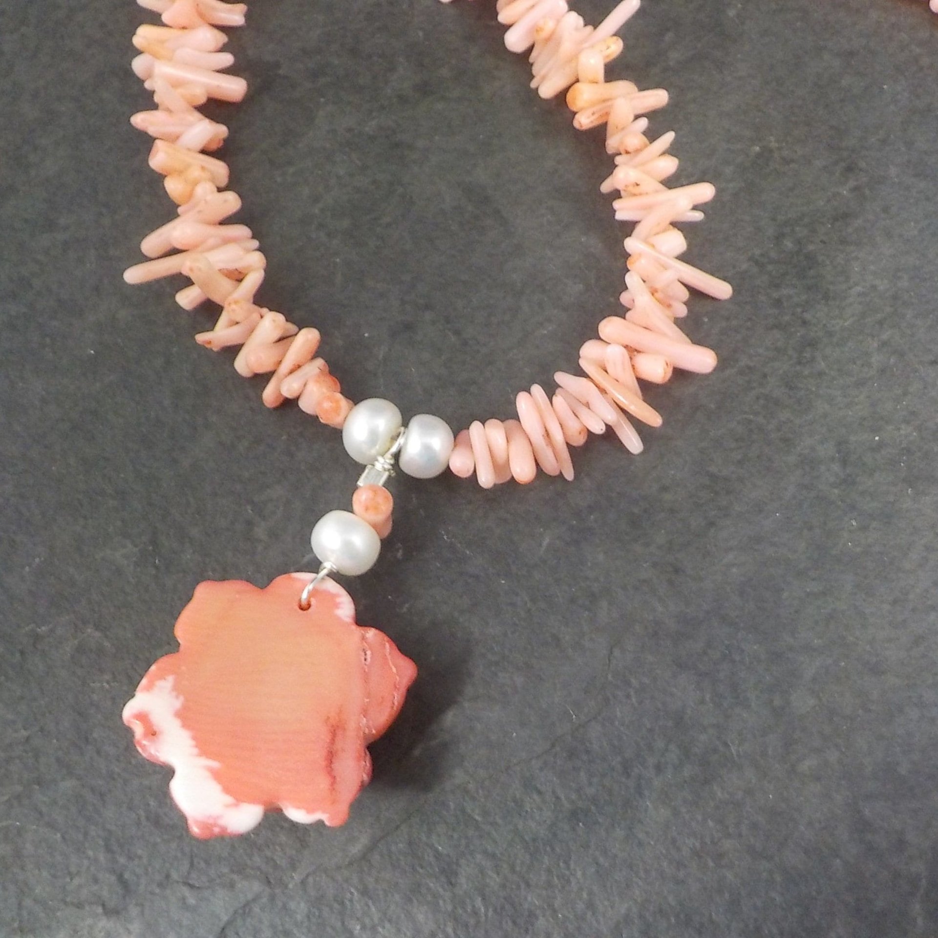 Vintage Coral Pearl Rose Necklace 17 Inches
