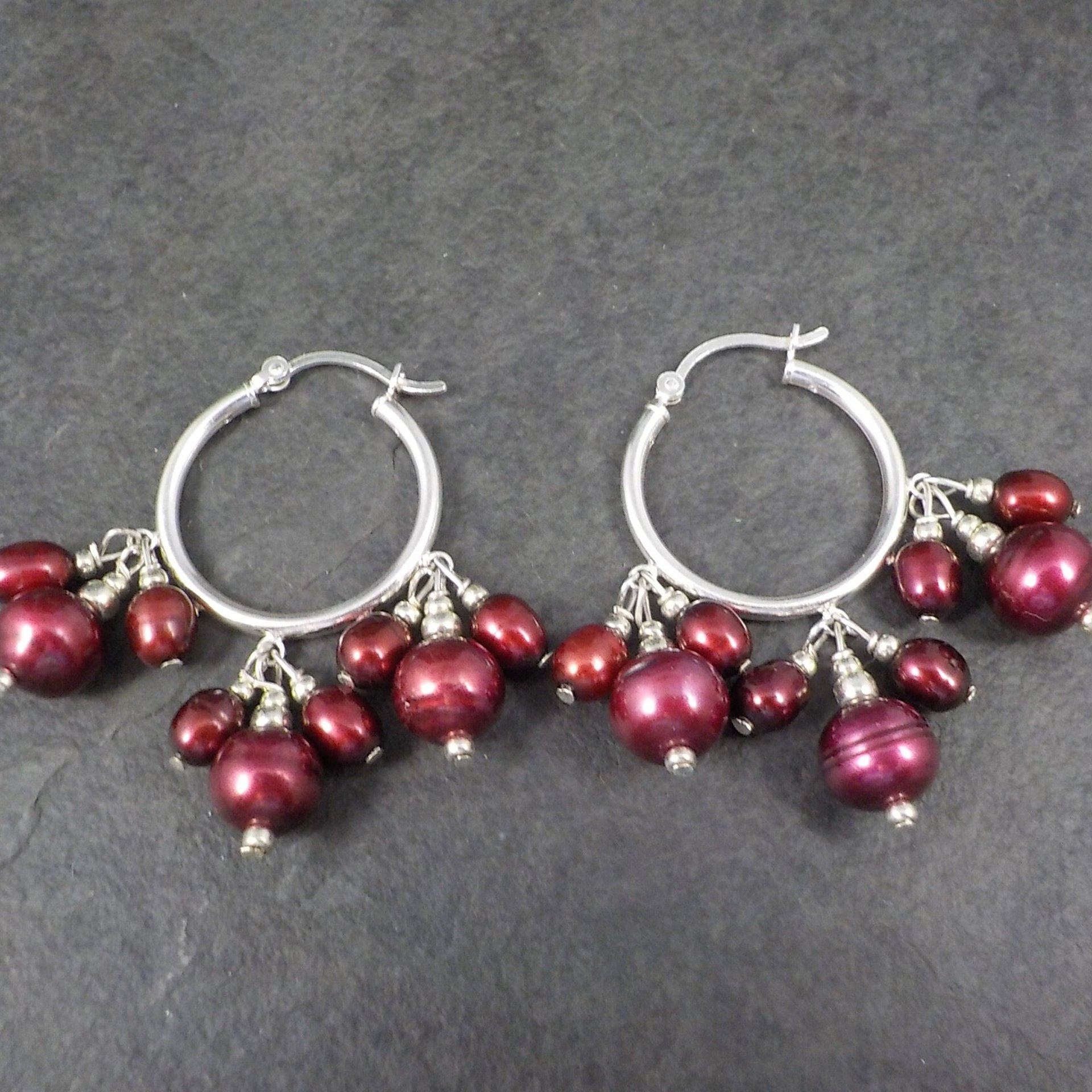 Vintage Sterling Red Pearl Hoop Earrings