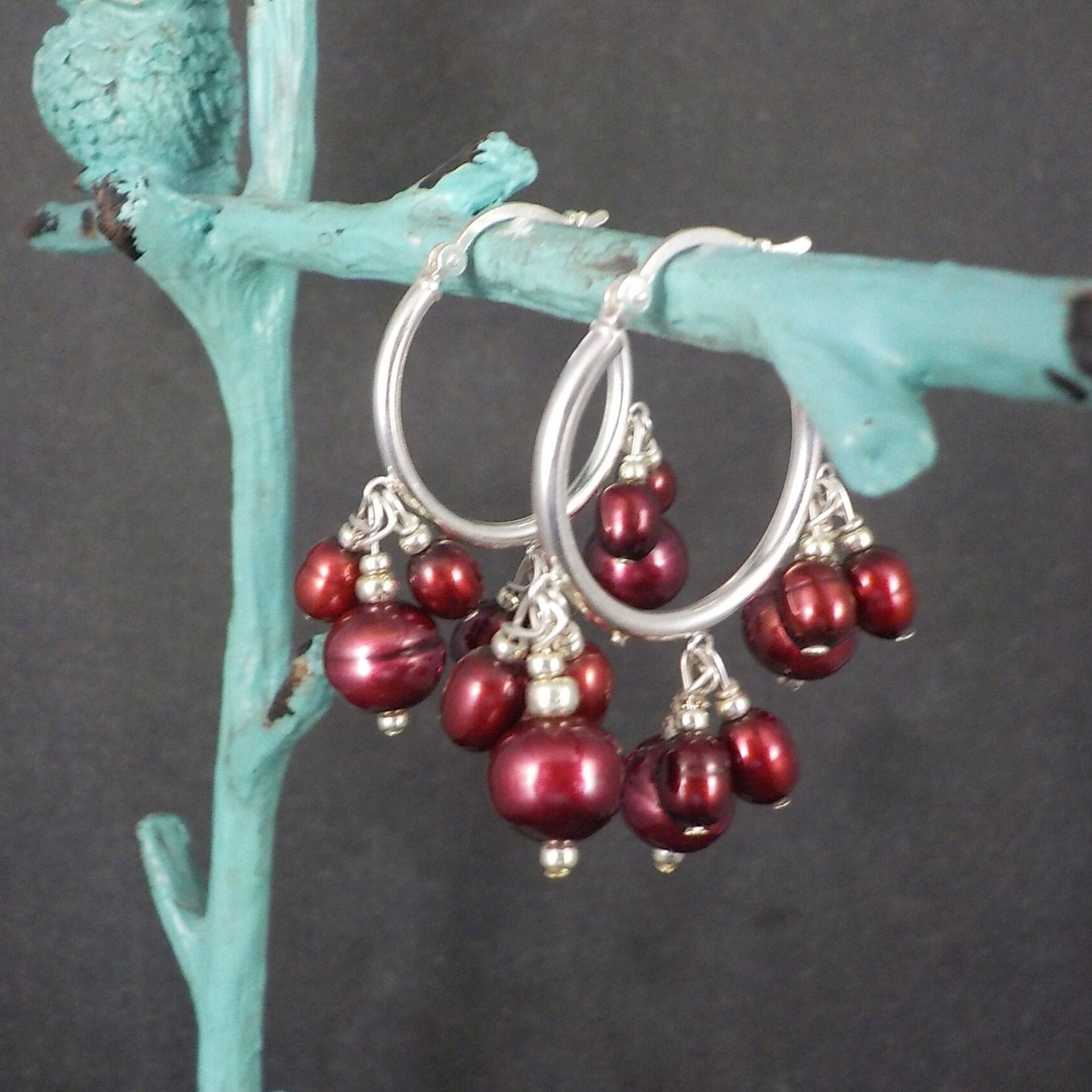 Vintage Sterling Red Pearl Hoop Earrings