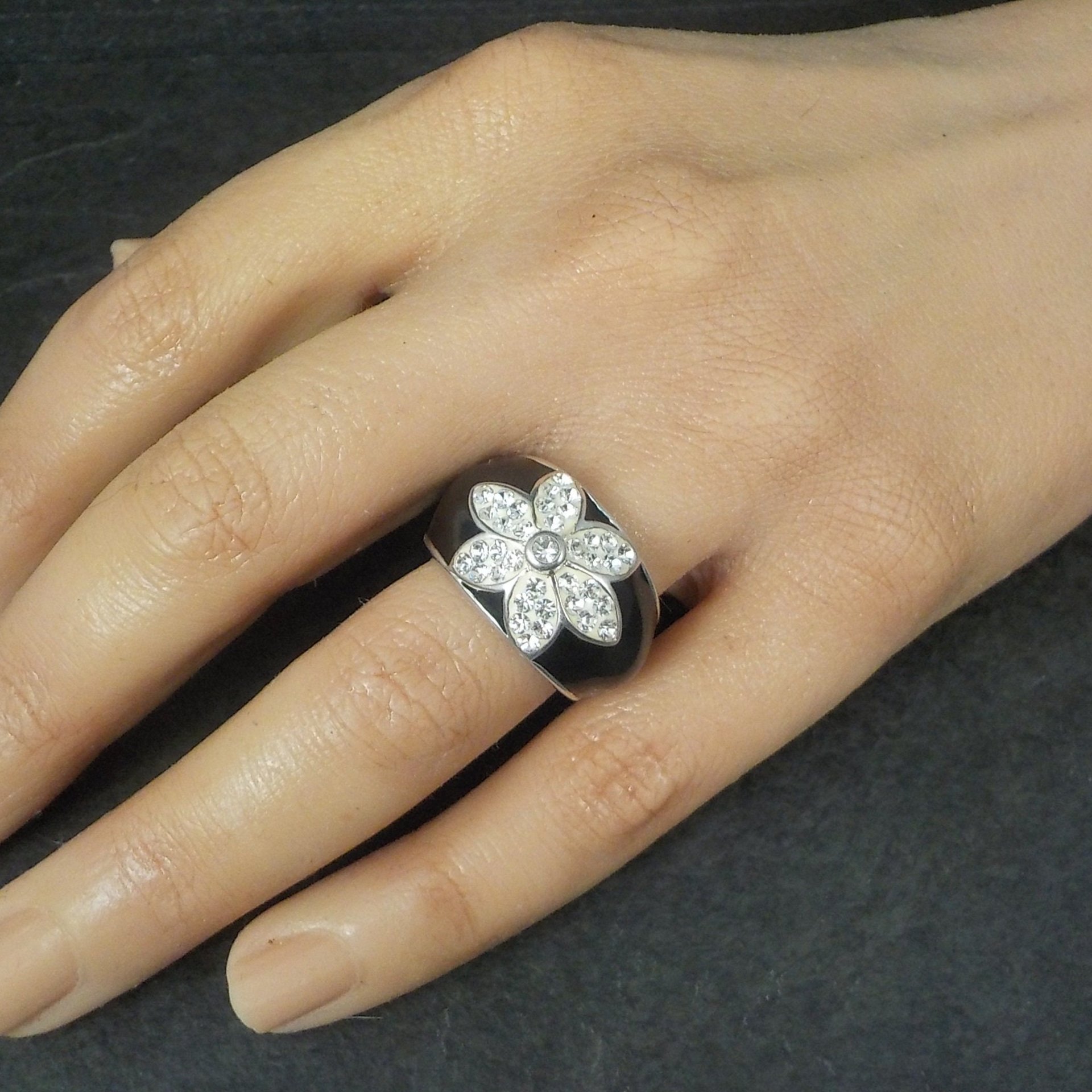 Vintage Sterling Enamel Crystal Flower Ring Size 6