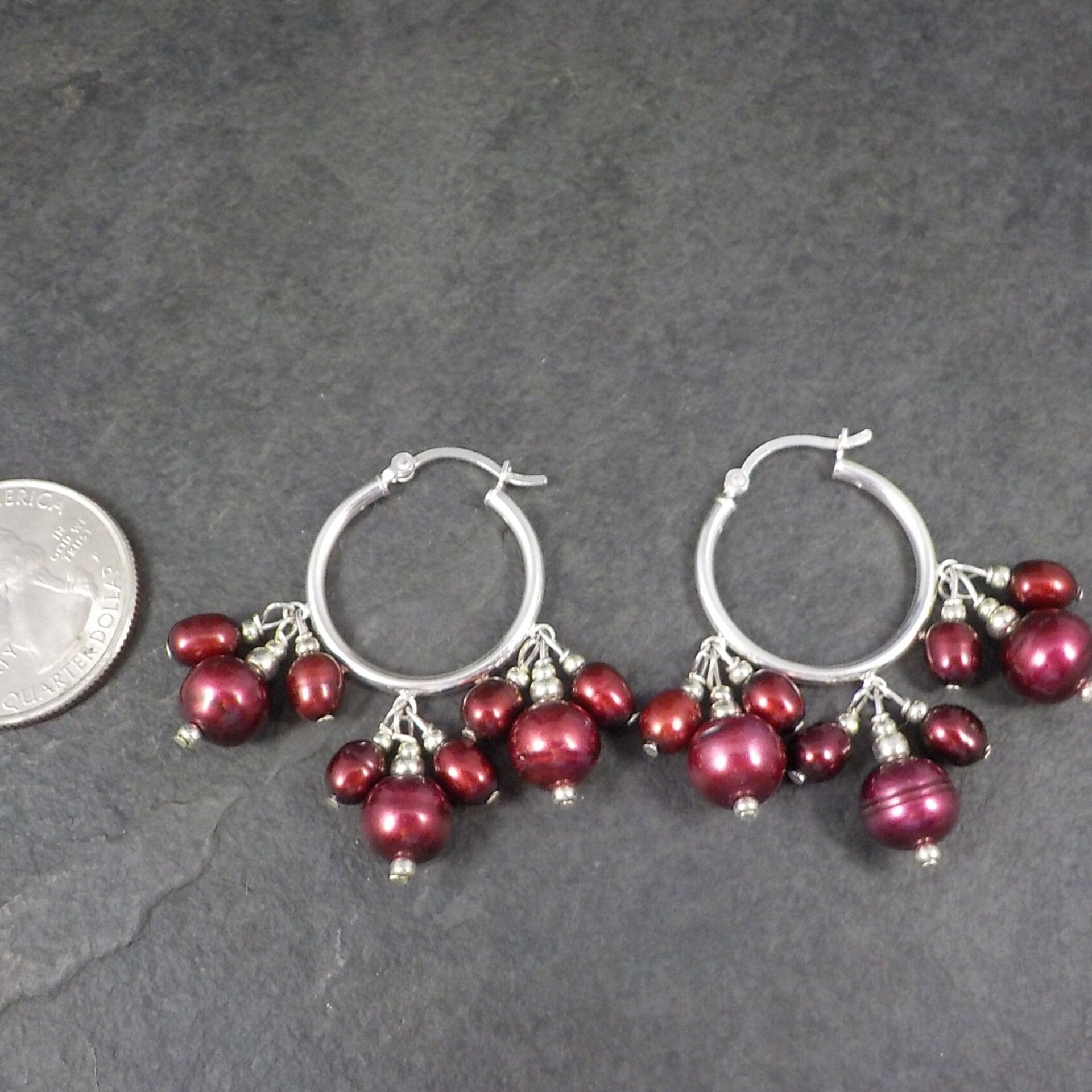 Vintage Sterling Red Pearl Hoop Earrings