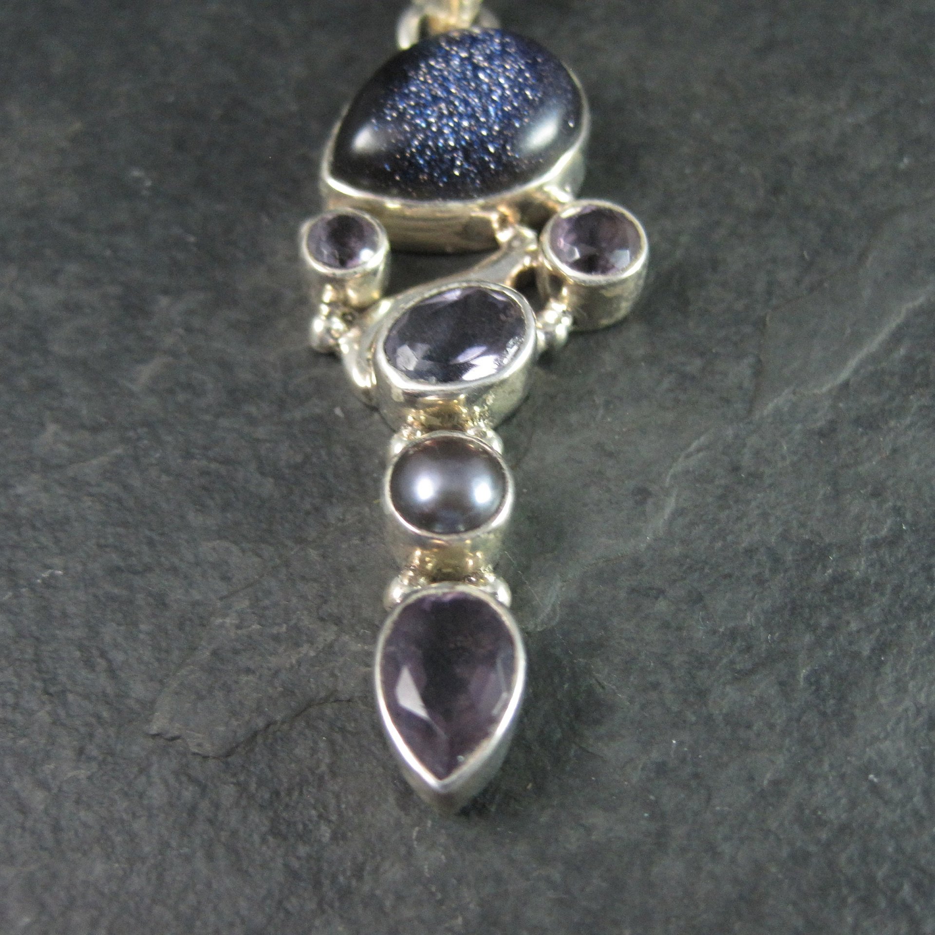 Estate Sterling Blue Goldstone Amethyst Pearl Pendant