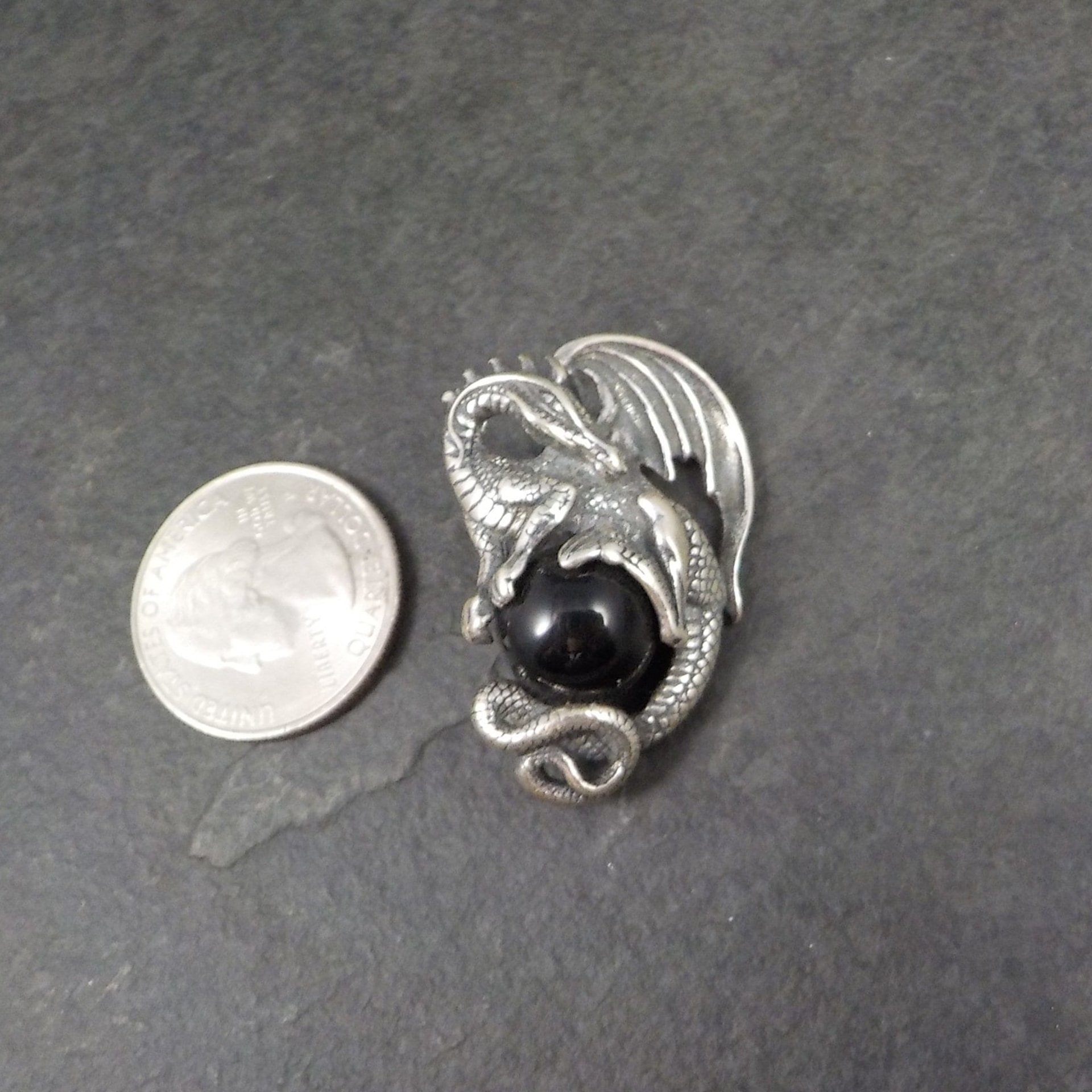 Vintage Sterling Silver Black Onyx Dragon Pendant