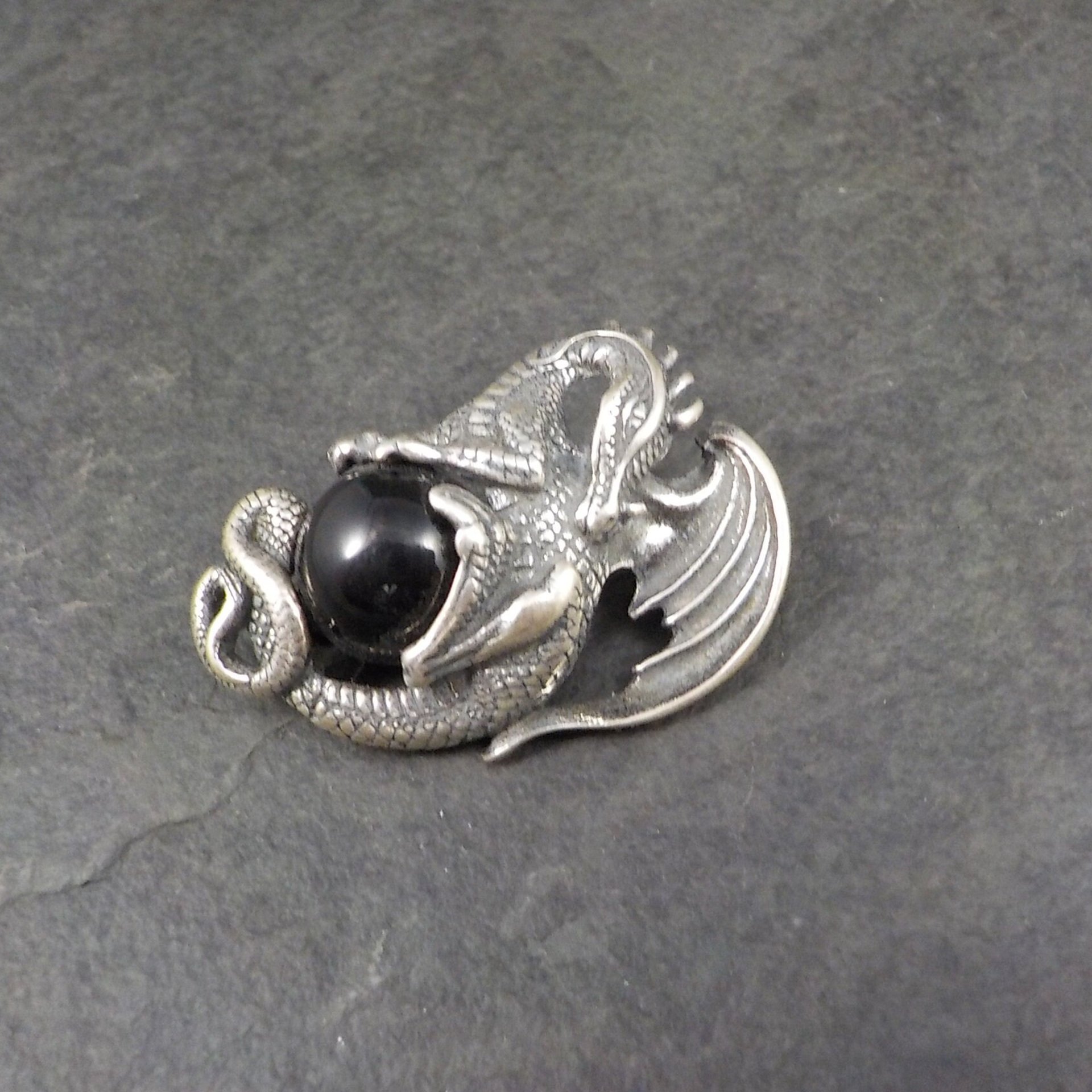 Vintage Sterling Silver Black Onyx Dragon Pendant