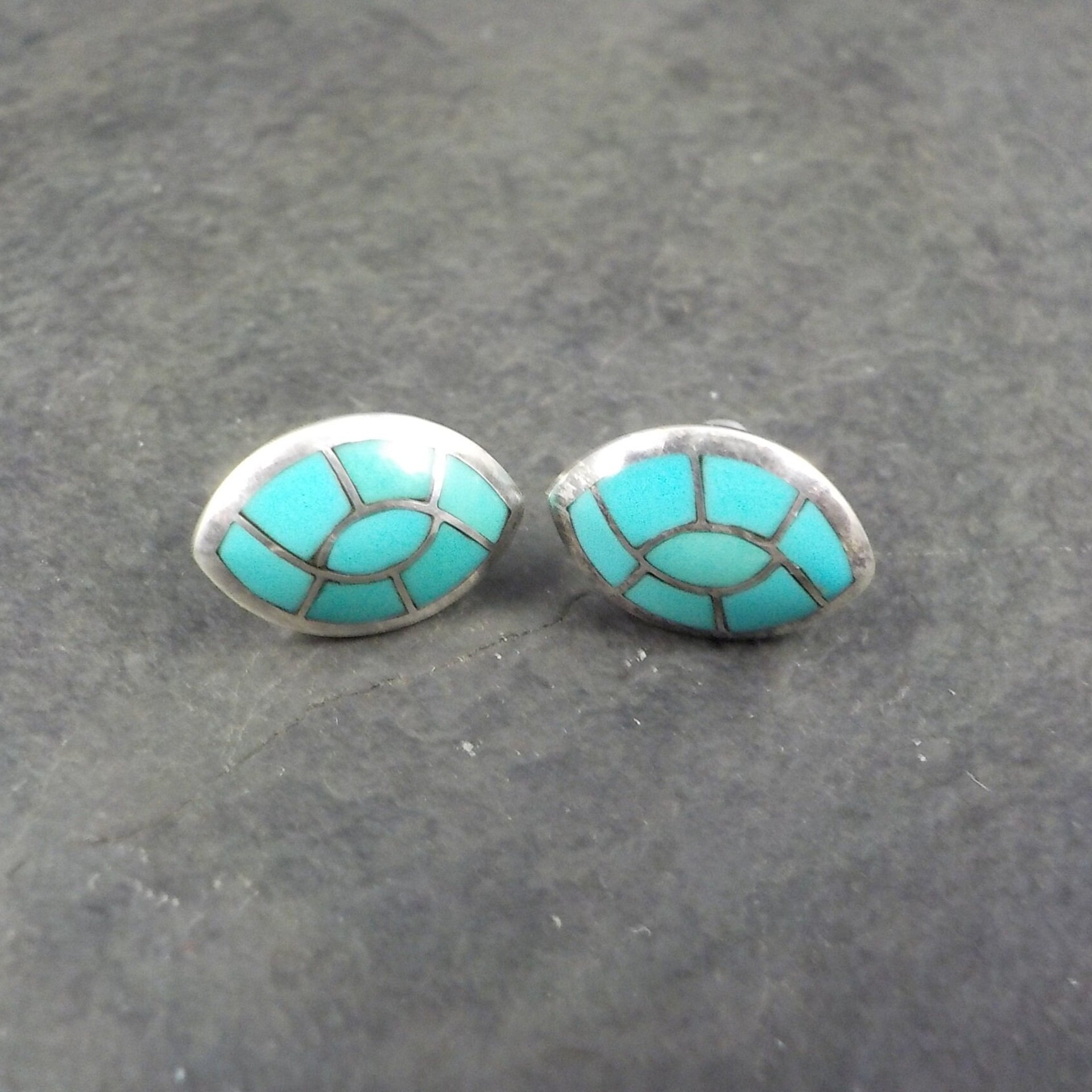 Turquoise Inlay Earrings Vintage Southwestern Sterling Studs