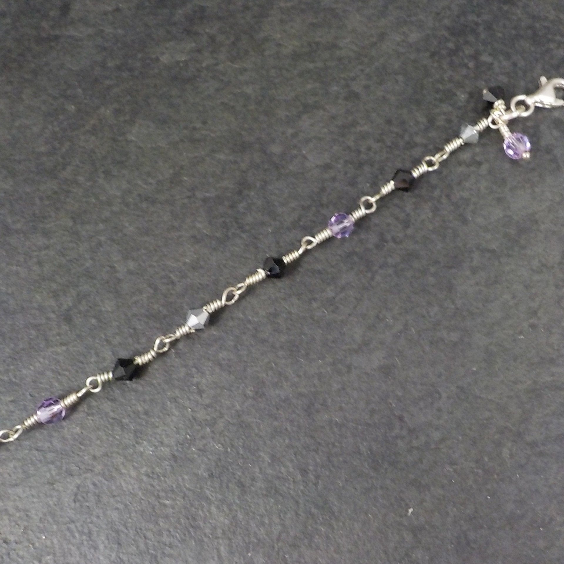 Dainty Sterling Black Purple Crystal Bracelet 7 Inches