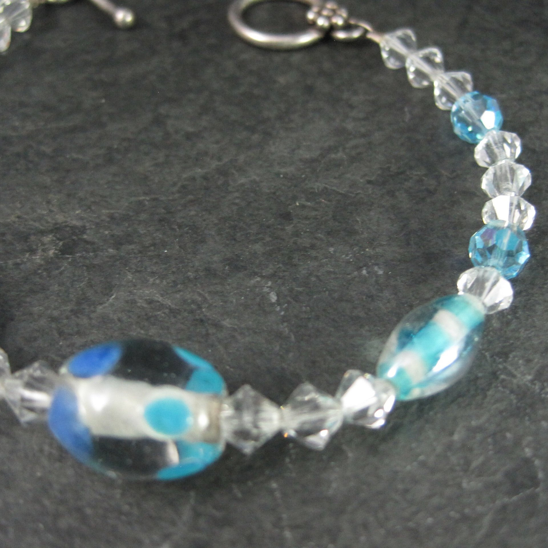 Sterling Crystal Blue Art Glass Toggle Bracelet 7.25"