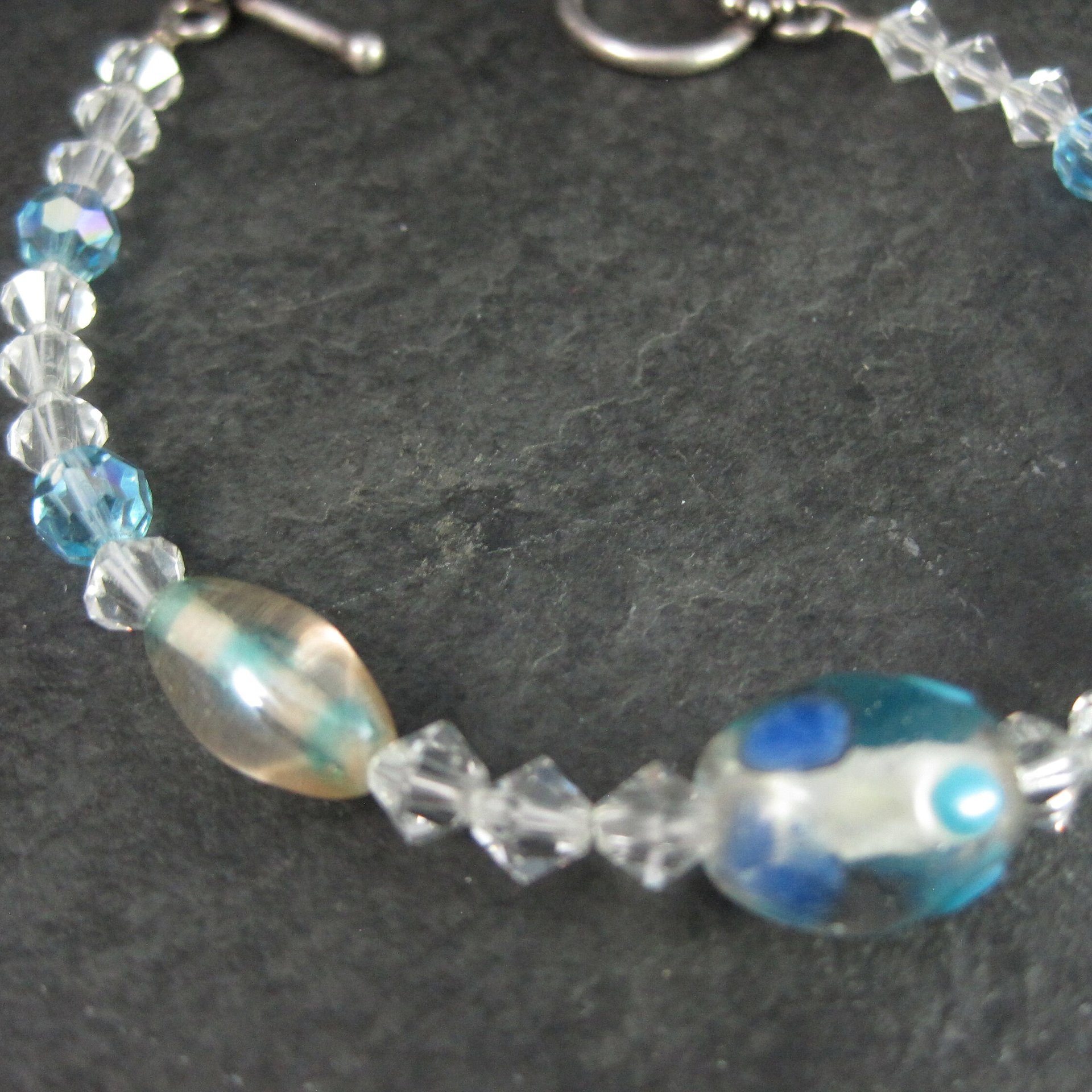 Sterling Crystal Blue Art Glass Toggle Bracelet 7.25"