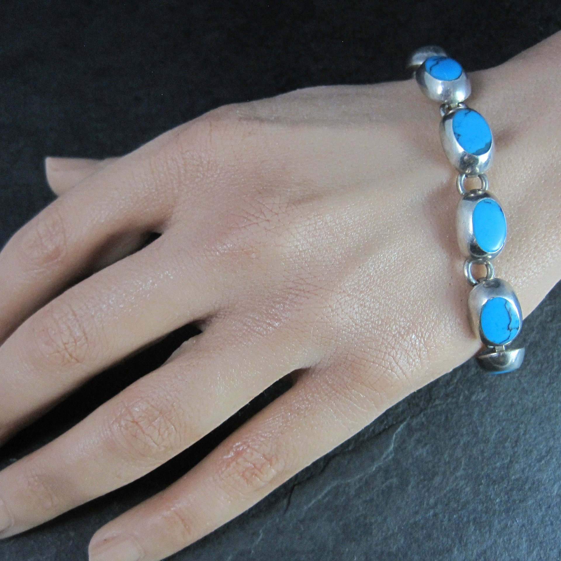 Mexican Sterling Faux Turquoise Bracelet 7.5 Inches