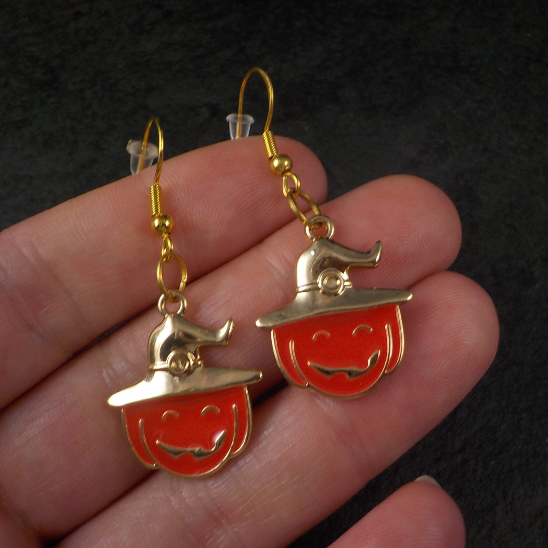 Halloween Pumpkin Witch Earrings Vermeil Sterling Enamel