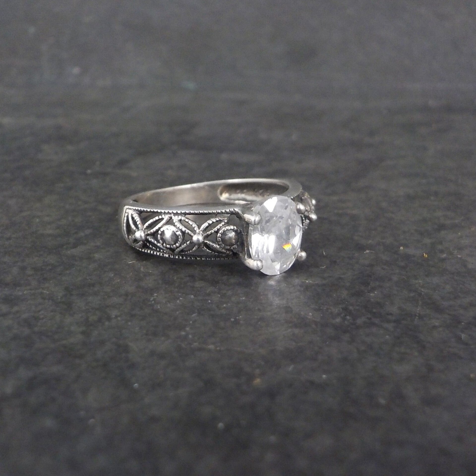 Vintage Sterling Filigree Cz Solitaire Ring Size 8