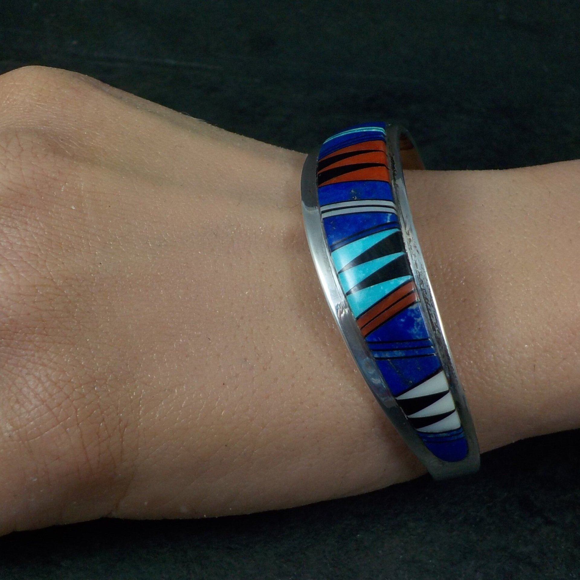 Vintage Southwestern Sterling Inlay Cuff Bracelet 6.25 Inches