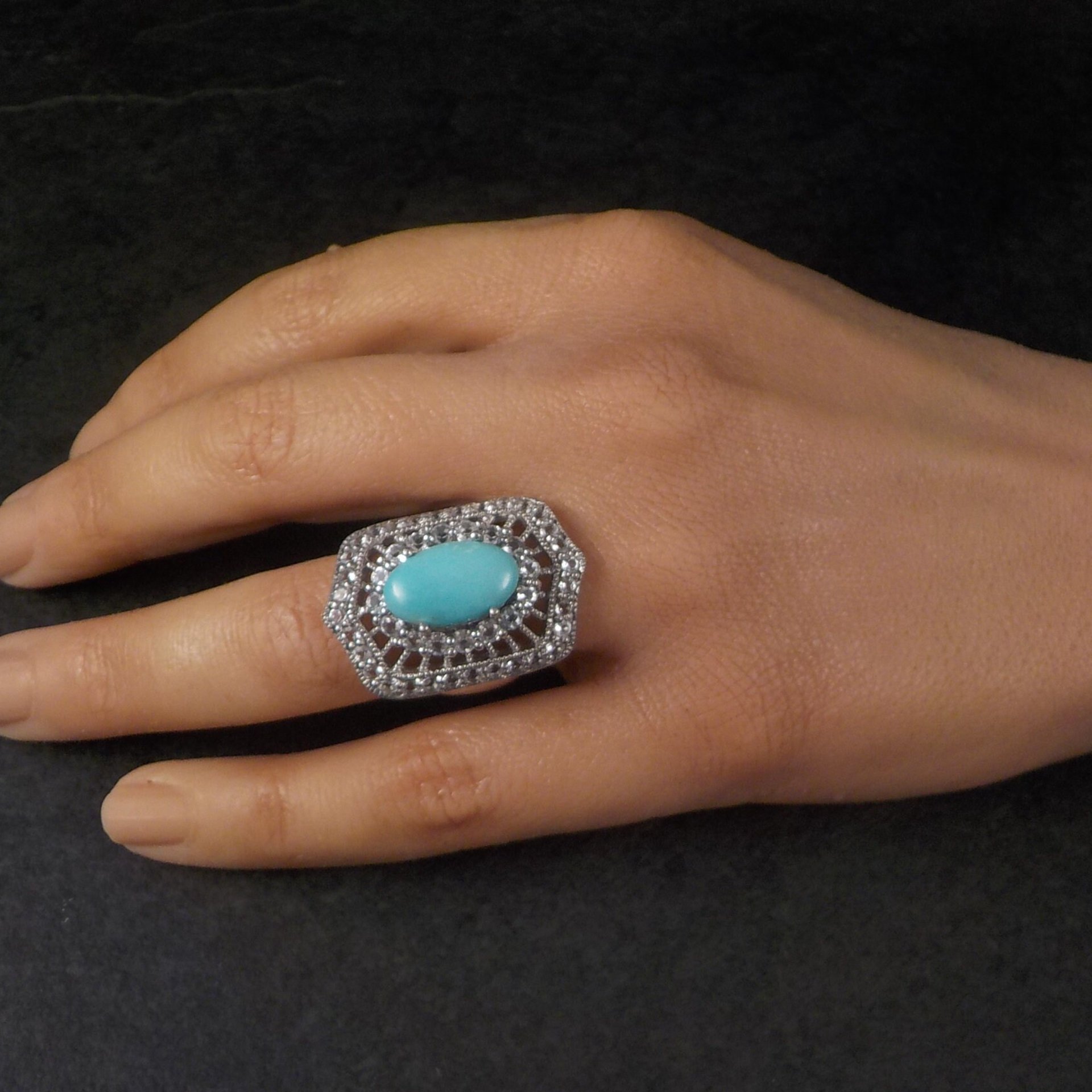 Vintage Sterling Turquoise White Topaz Ring Size 6