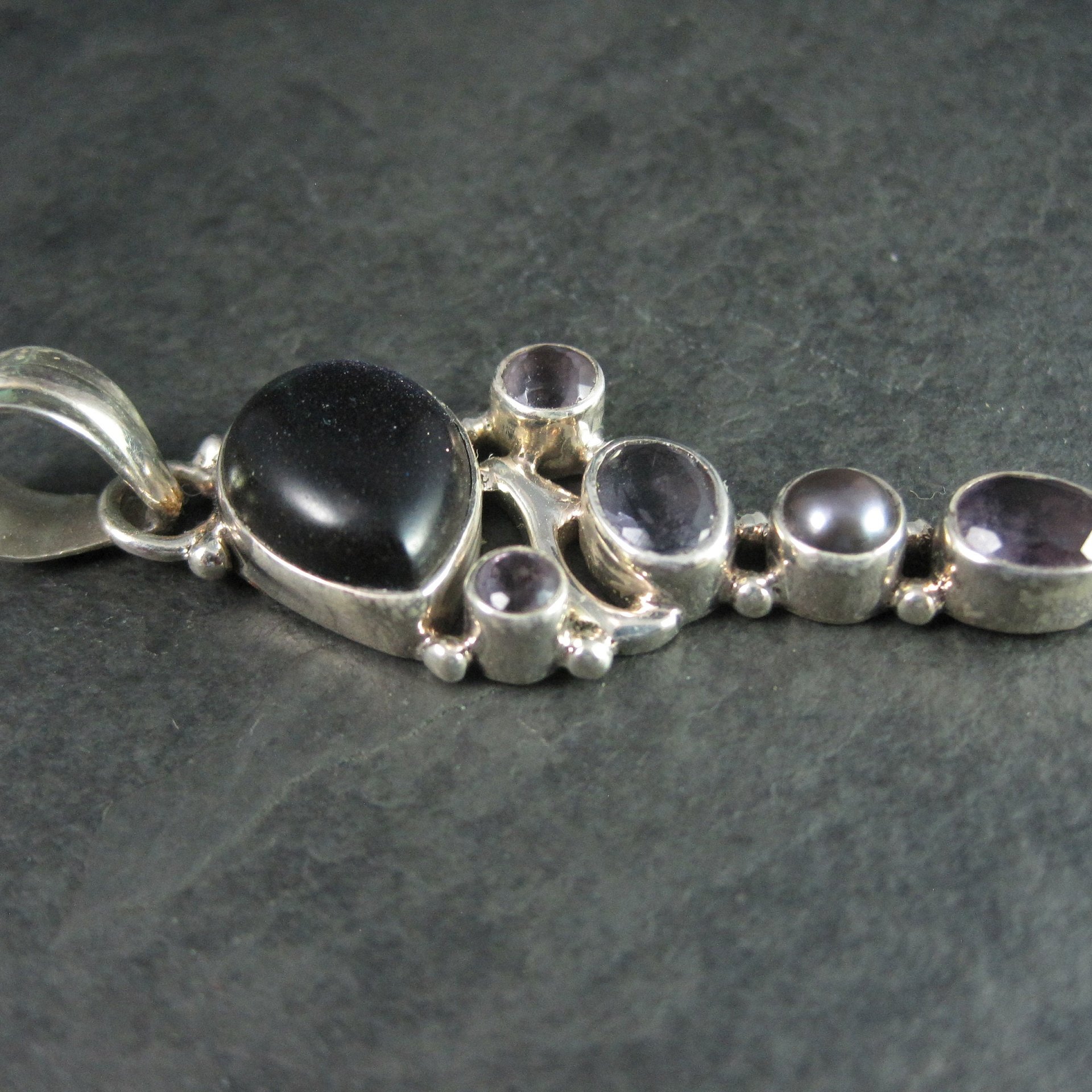 Estate Sterling Blue Goldstone Amethyst Pearl Pendant
