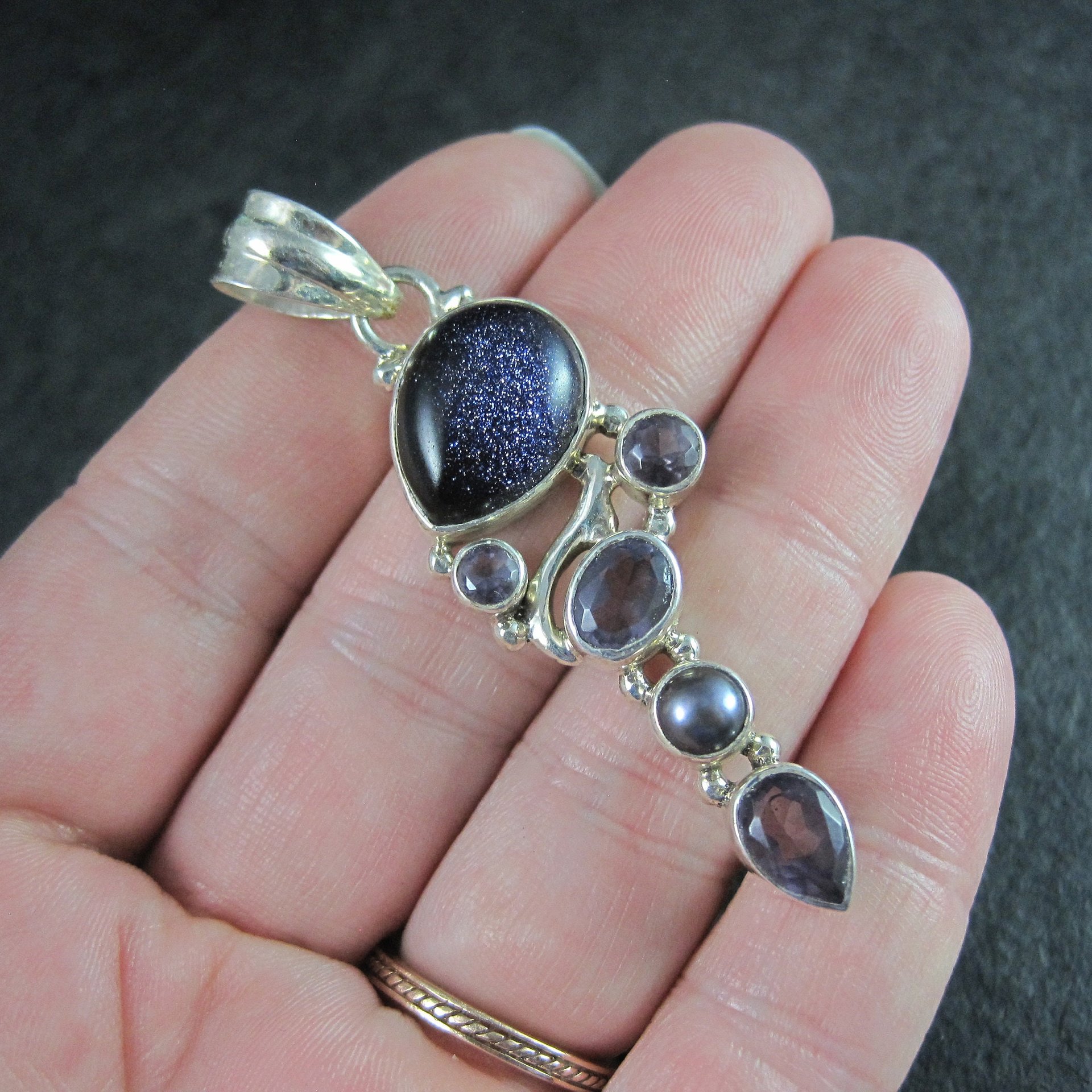 Estate Sterling Blue Goldstone Amethyst Pearl Pendant