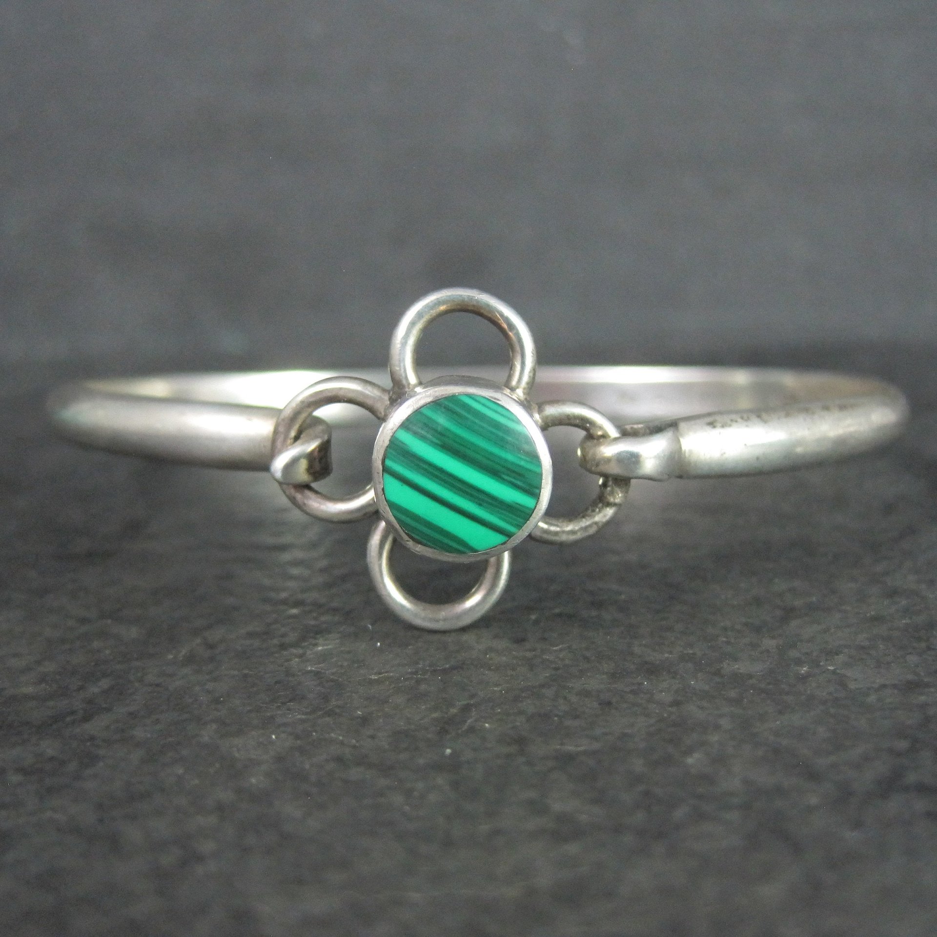 Vintage Mexican Sterling Malachite Bangle Bracelet 7.5 Inches