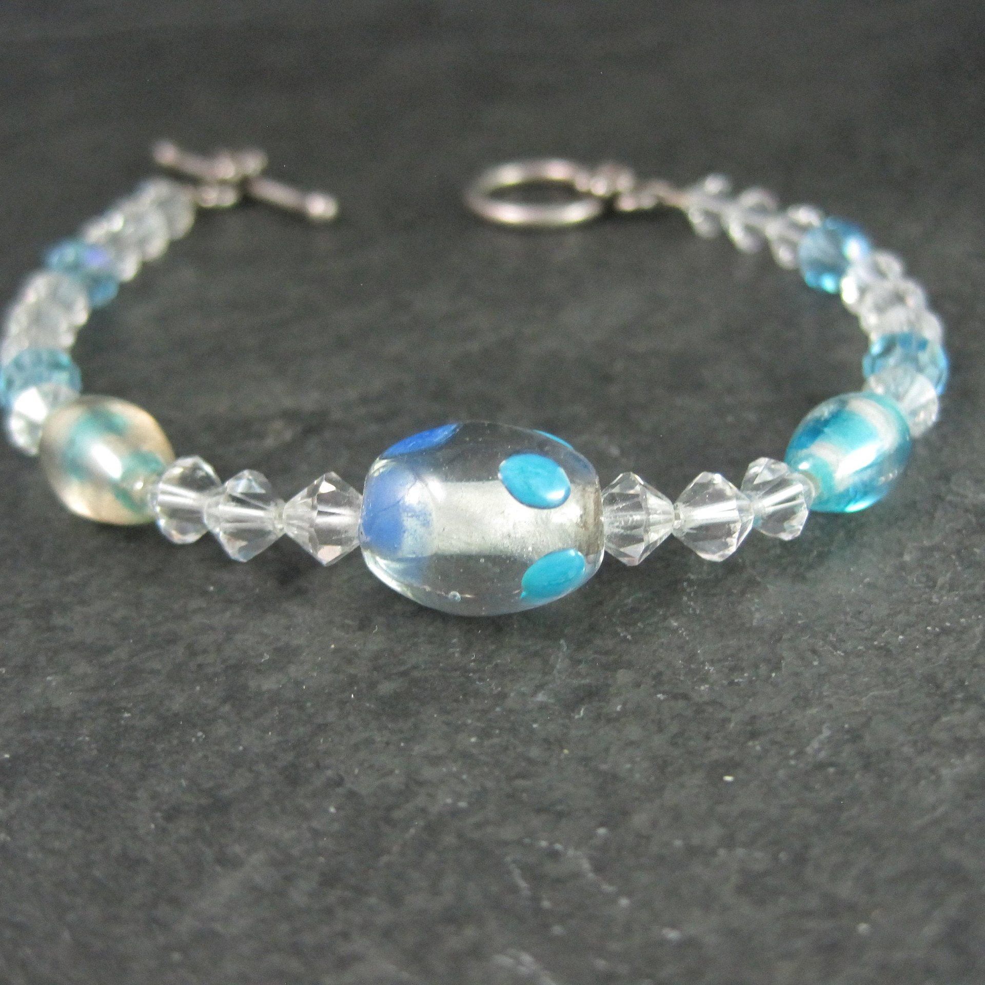 Sterling Crystal Blue Art Glass Toggle Bracelet 7.25"
