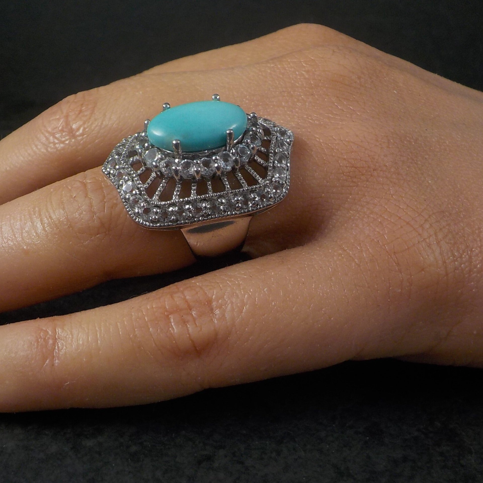 Vintage Sterling Turquoise White Topaz Ring Size 6