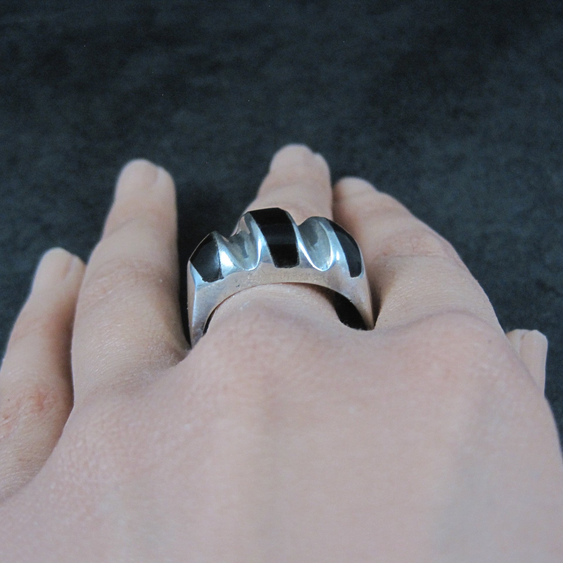 Vintage Mexican Sterling Onyx Inlay Ring Sizes 12.5 and 13.25