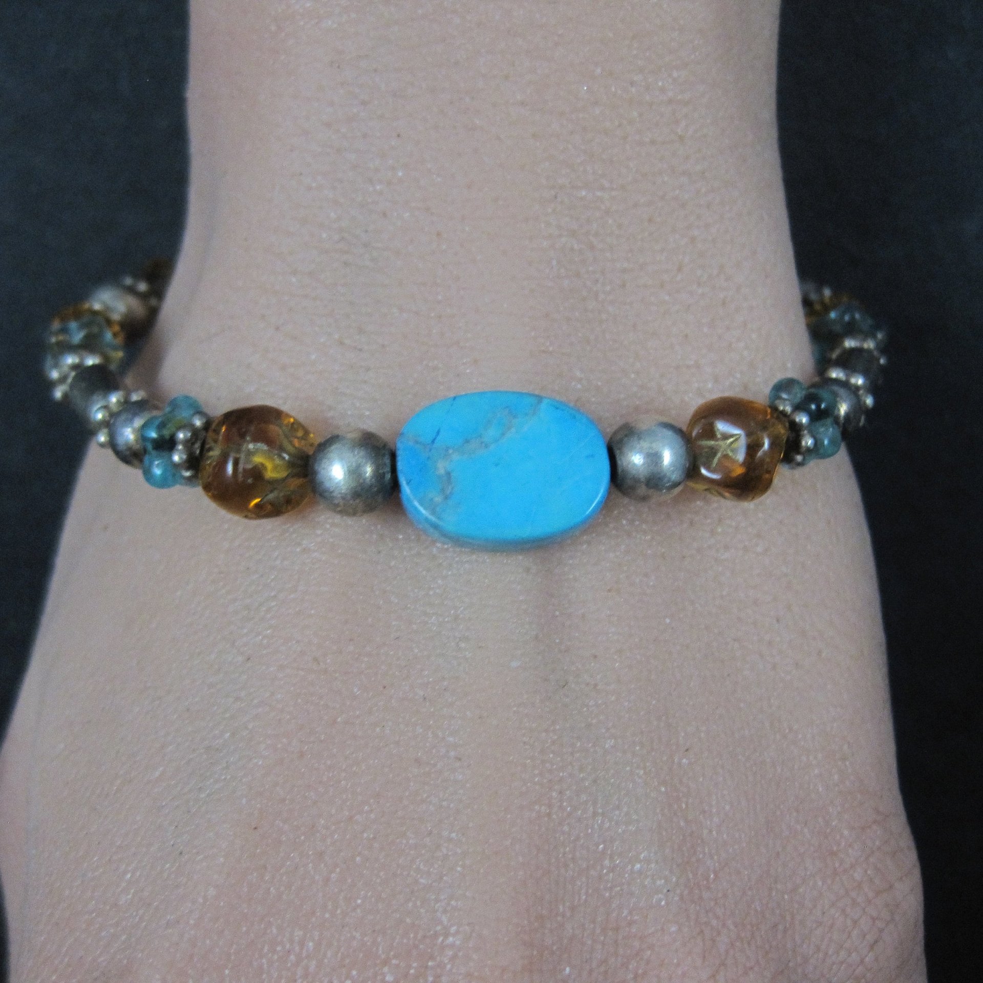 Vintage Sterling Turquoise Crystal Toggle Bracelet 7.5 Inches