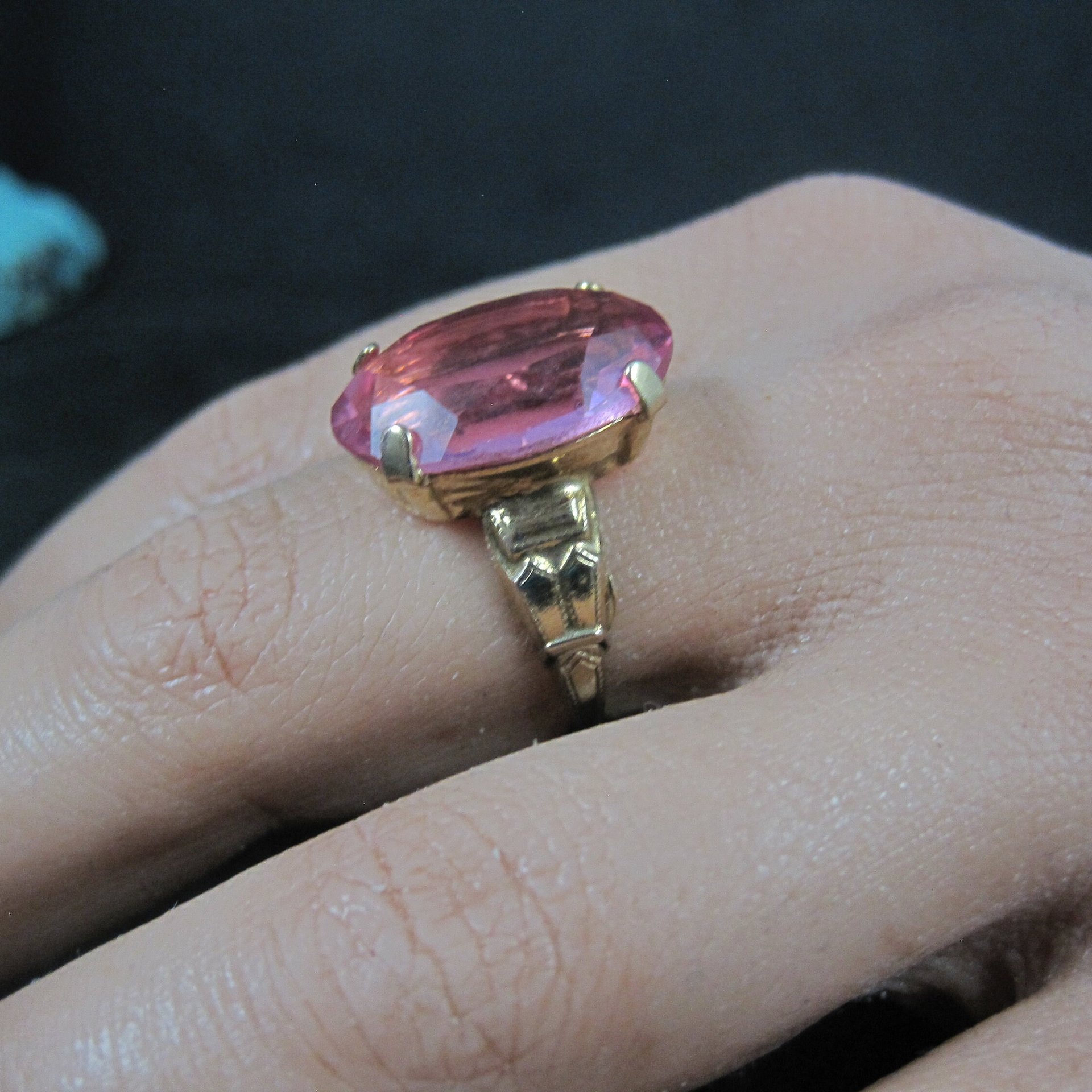 Antique Gold Filled Pink Glass Ring Size 7