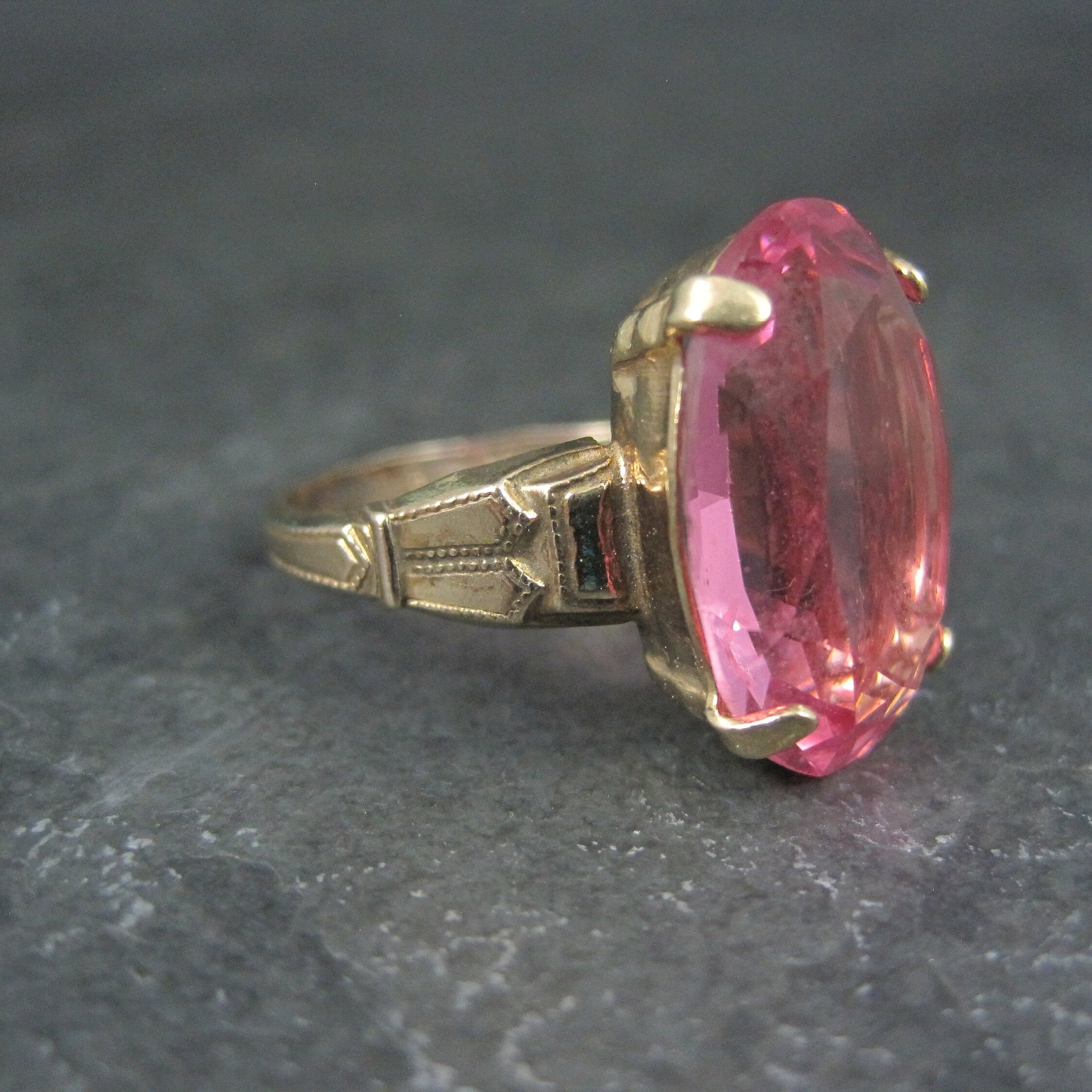 Antique Gold Filled Pink Glass Ring Size 7