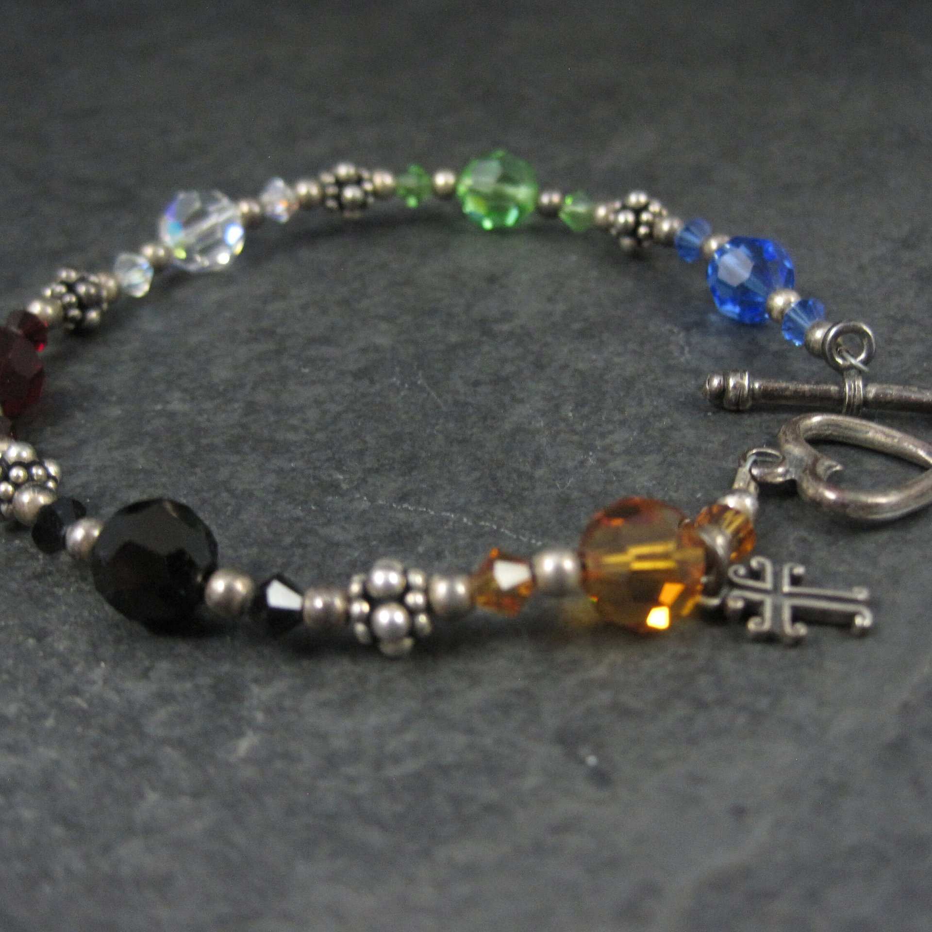 Vintage Sterling Rainbow Crystal Cross Toggle Bracelet 8"