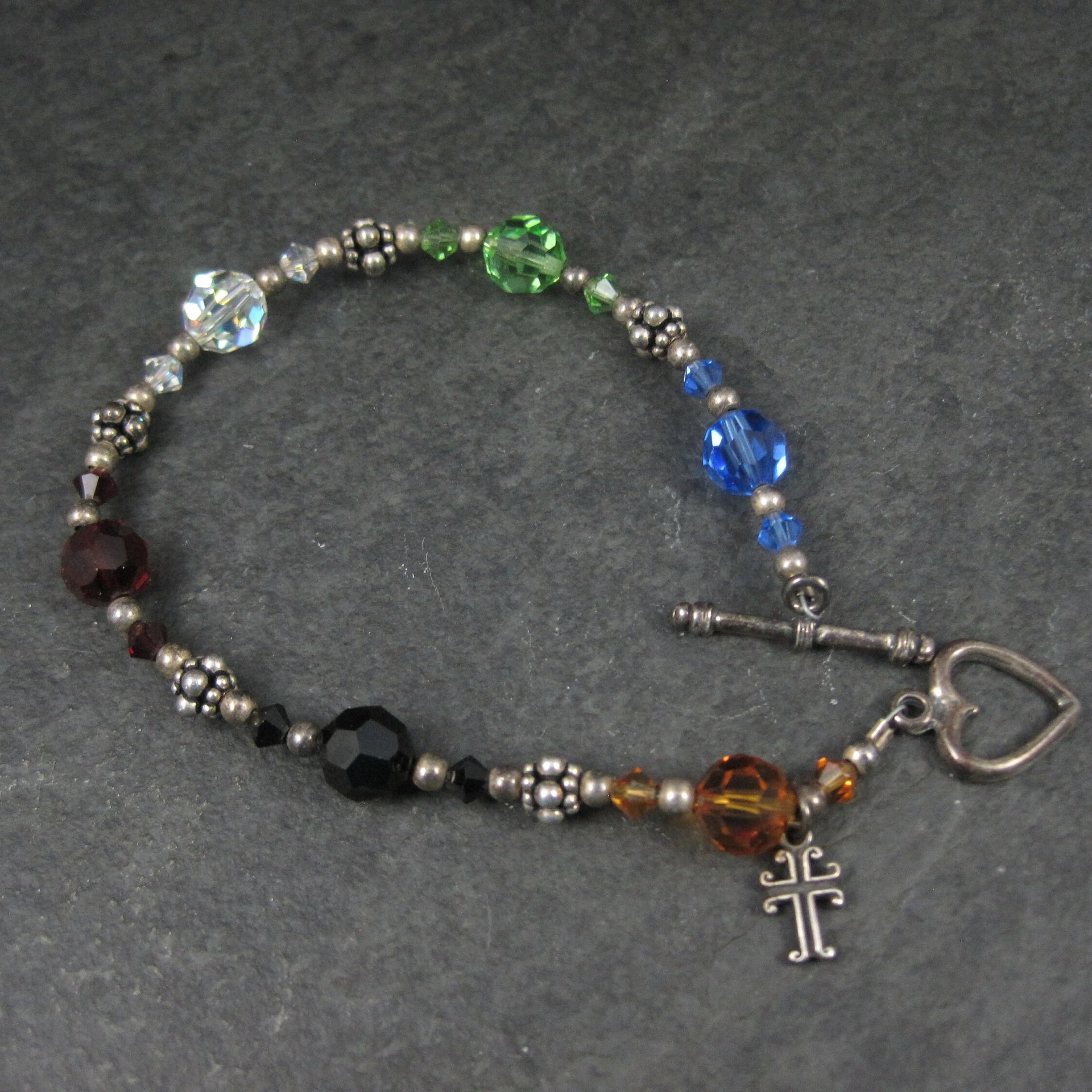 Vintage Sterling Rainbow Crystal Cross Toggle Bracelet 8"