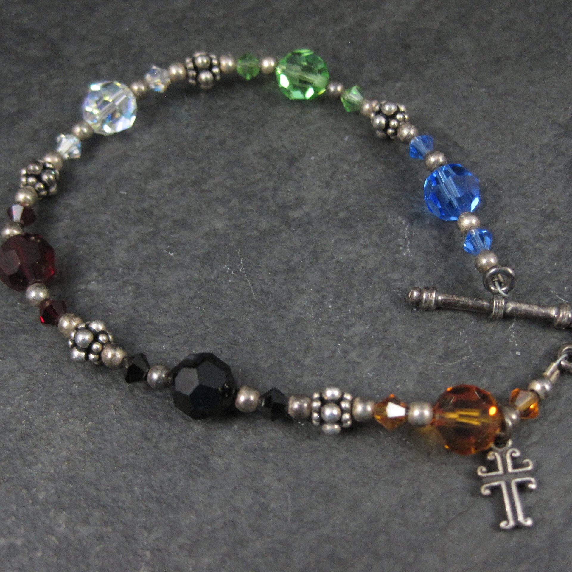Vintage Sterling Rainbow Crystal Cross Toggle Bracelet 8"