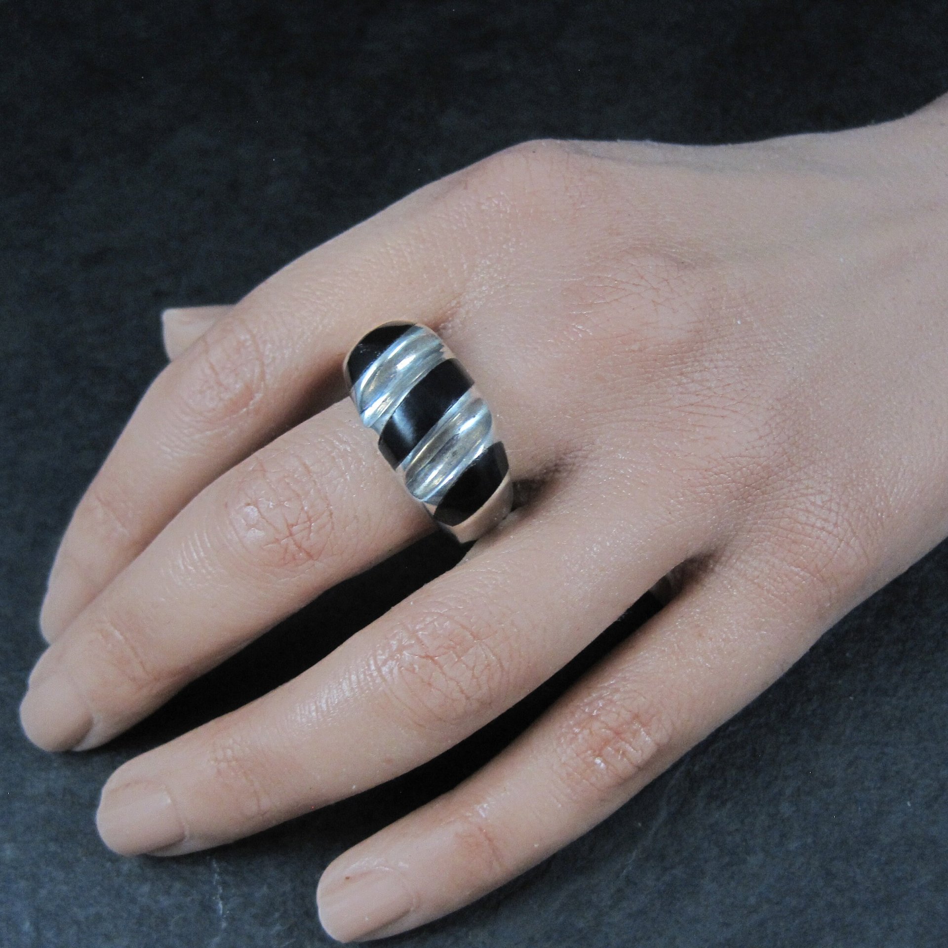 Vintage Mexican Sterling Onyx Inlay Ring Sizes 12.5 and 13.25