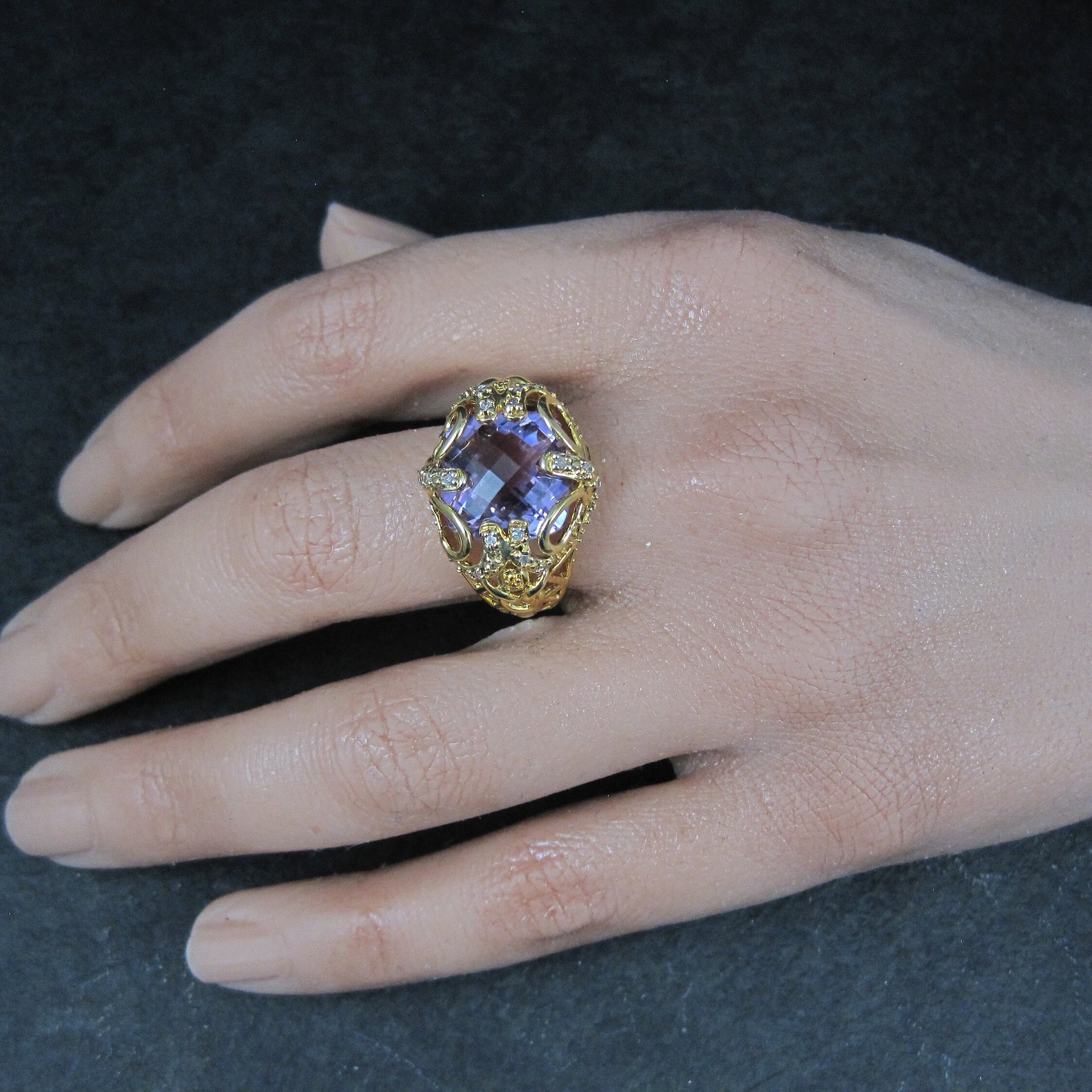 Vintage Vermeil Sterling Amethyst Diamond Ring Size 8