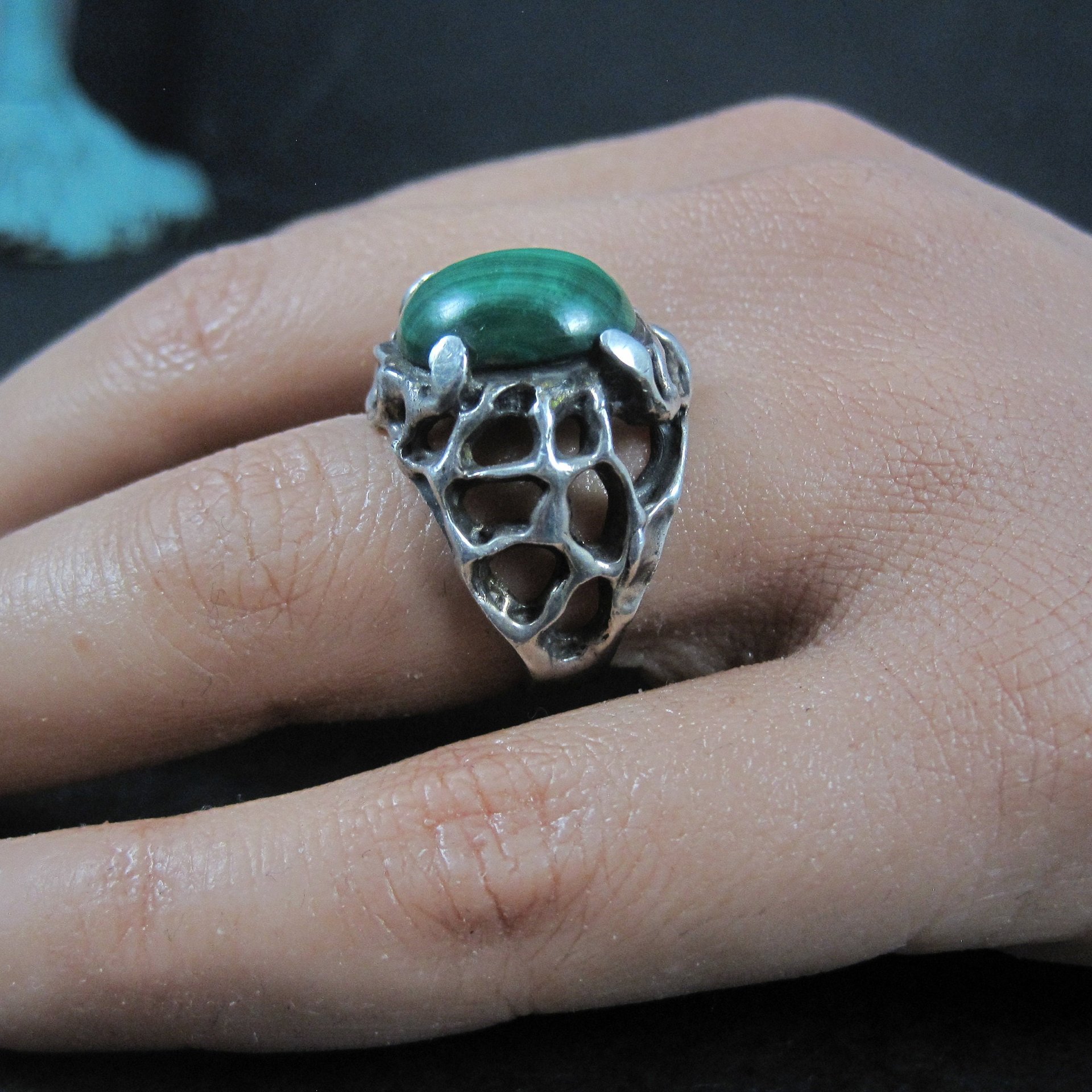 Vintage Brutalist Sterling Malachite Ring Size 6.5