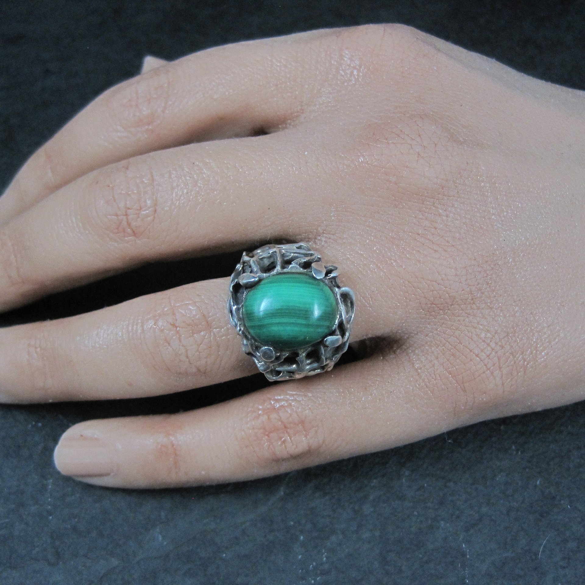Vintage Brutalist Sterling Malachite Ring Size 6.5