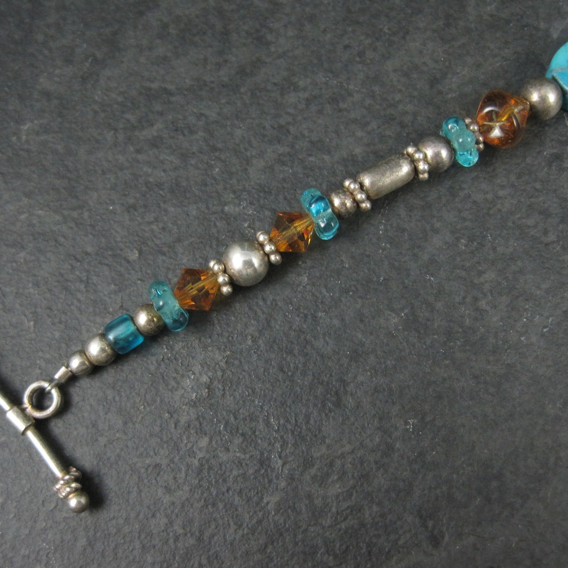 Vintage Sterling Turquoise Crystal Toggle Bracelet 7.5 Inches