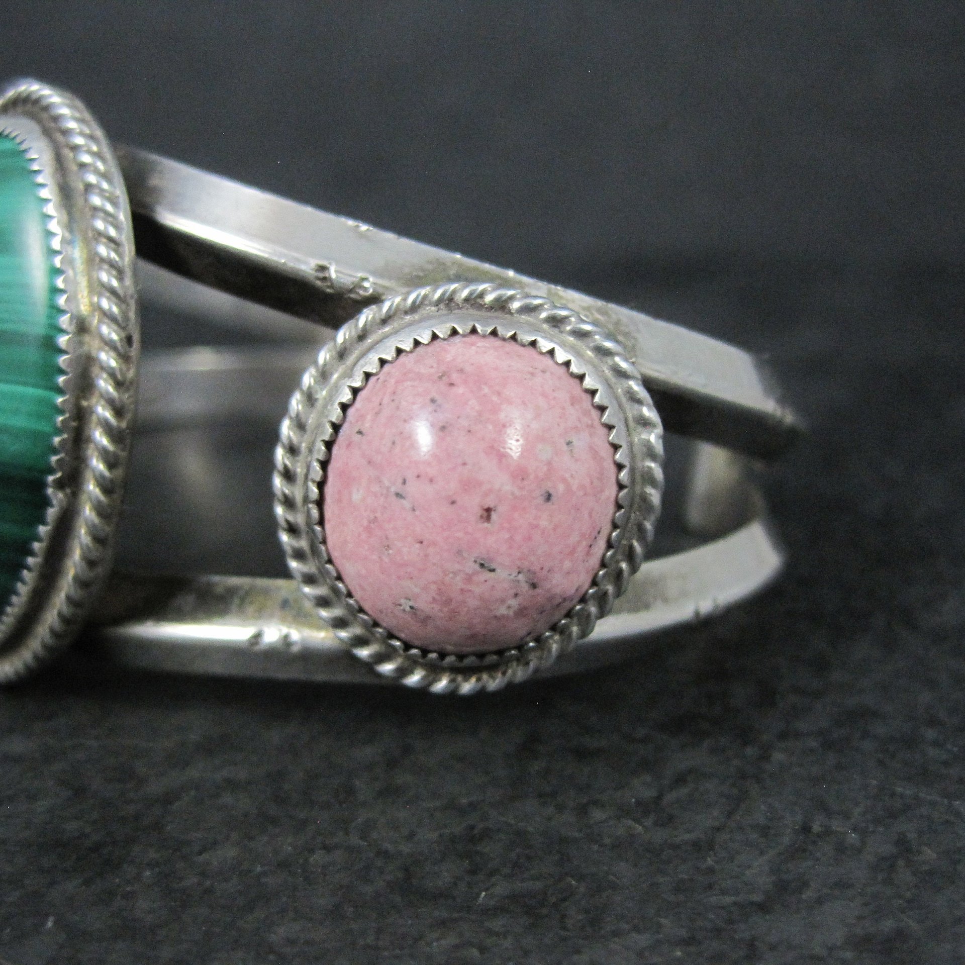 Heavy Southwestern Sterling Malachite Rhodonite Cuff Bracelet 6.25"