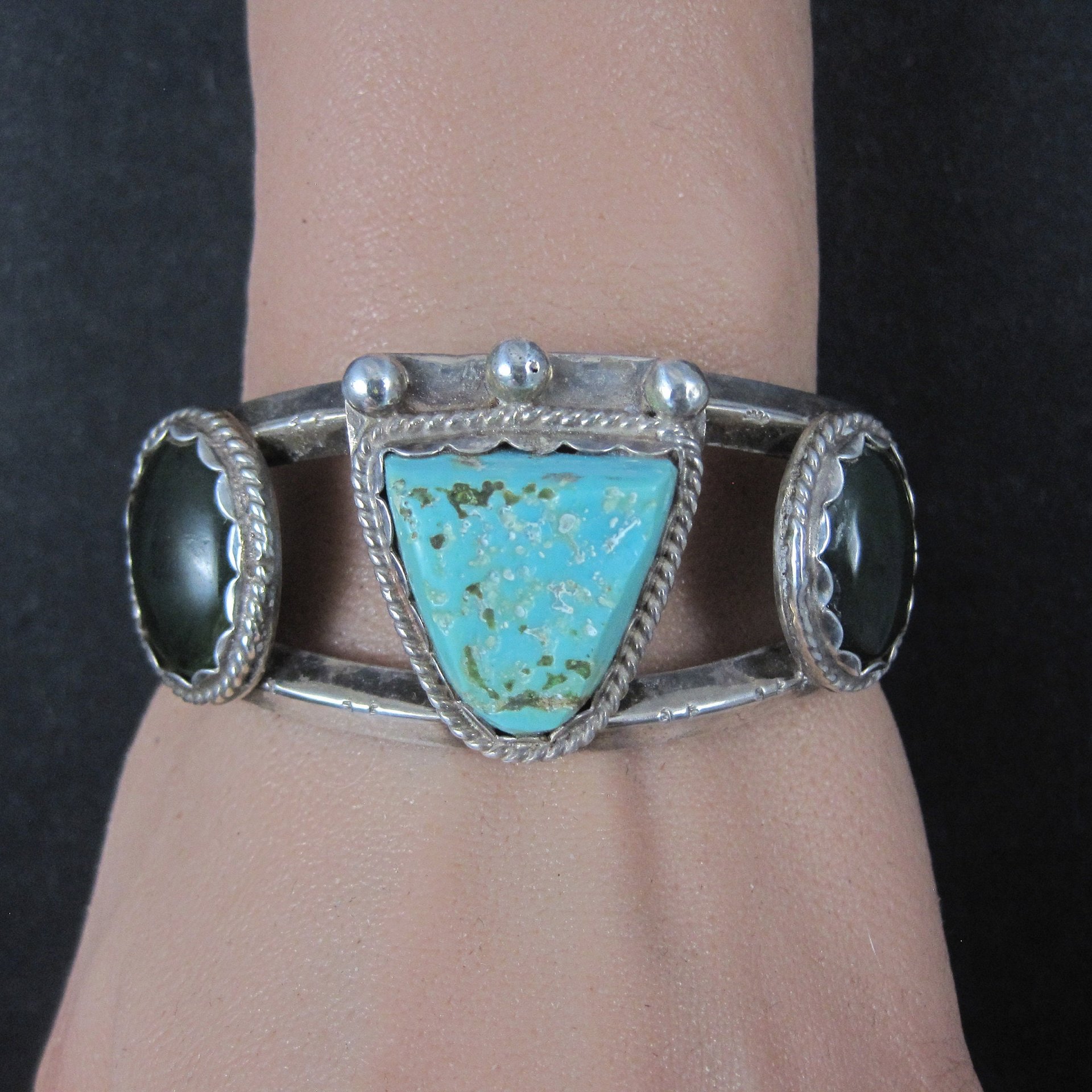 Heavy Southwestern Sterling Turquoise Jade Cuff Bracelet 6.25"