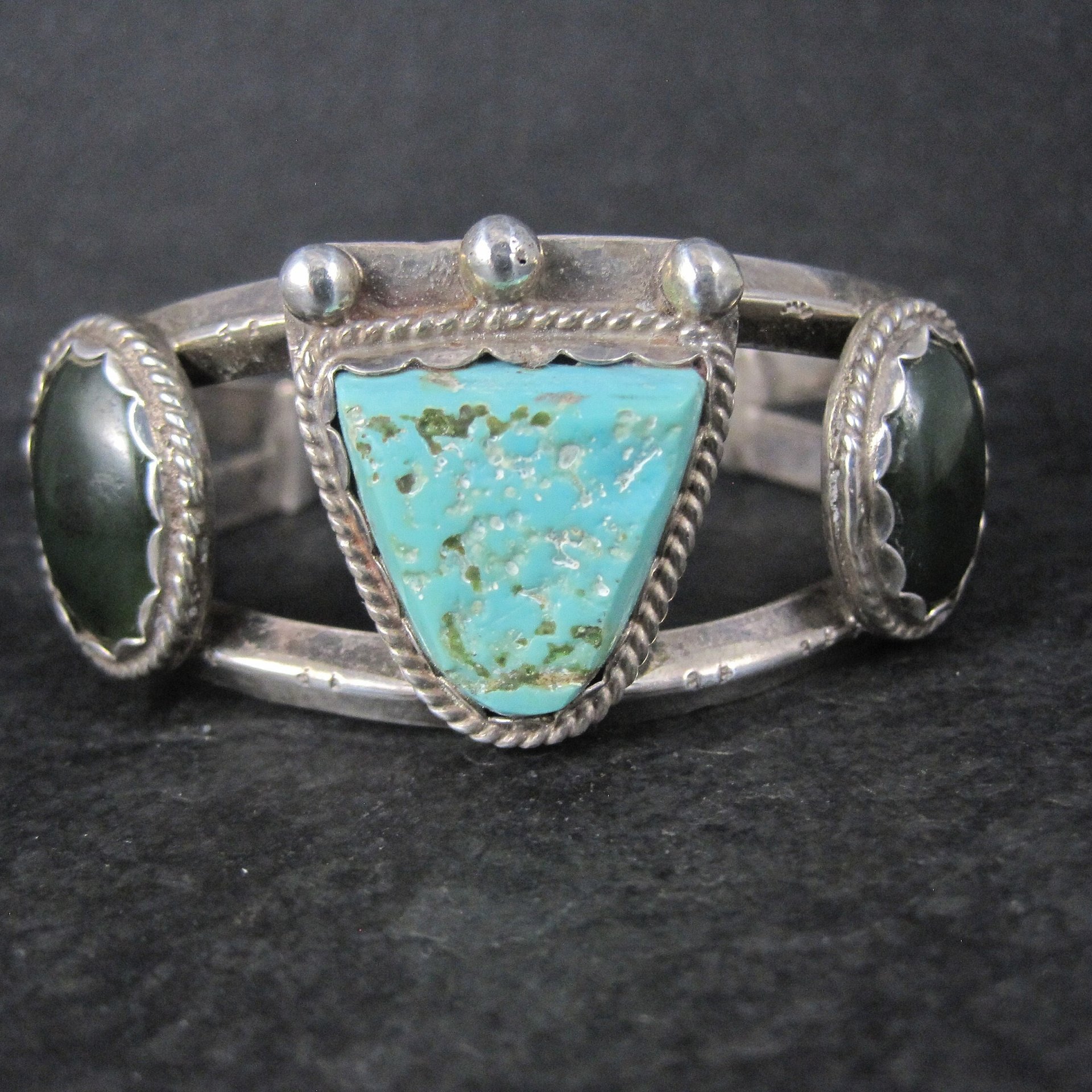 Heavy Southwestern Sterling Turquoise Jade Cuff Bracelet 6.25"