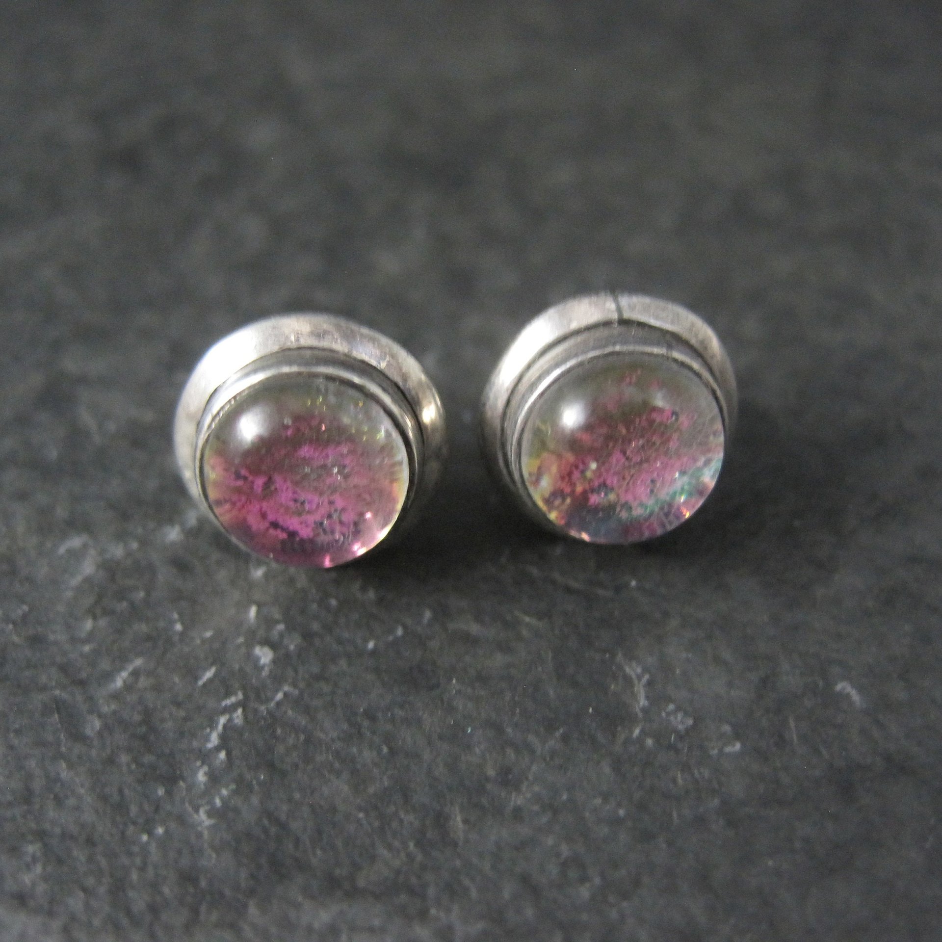 Vintage Sterling Pink Dichroic Glass Stud Earrings