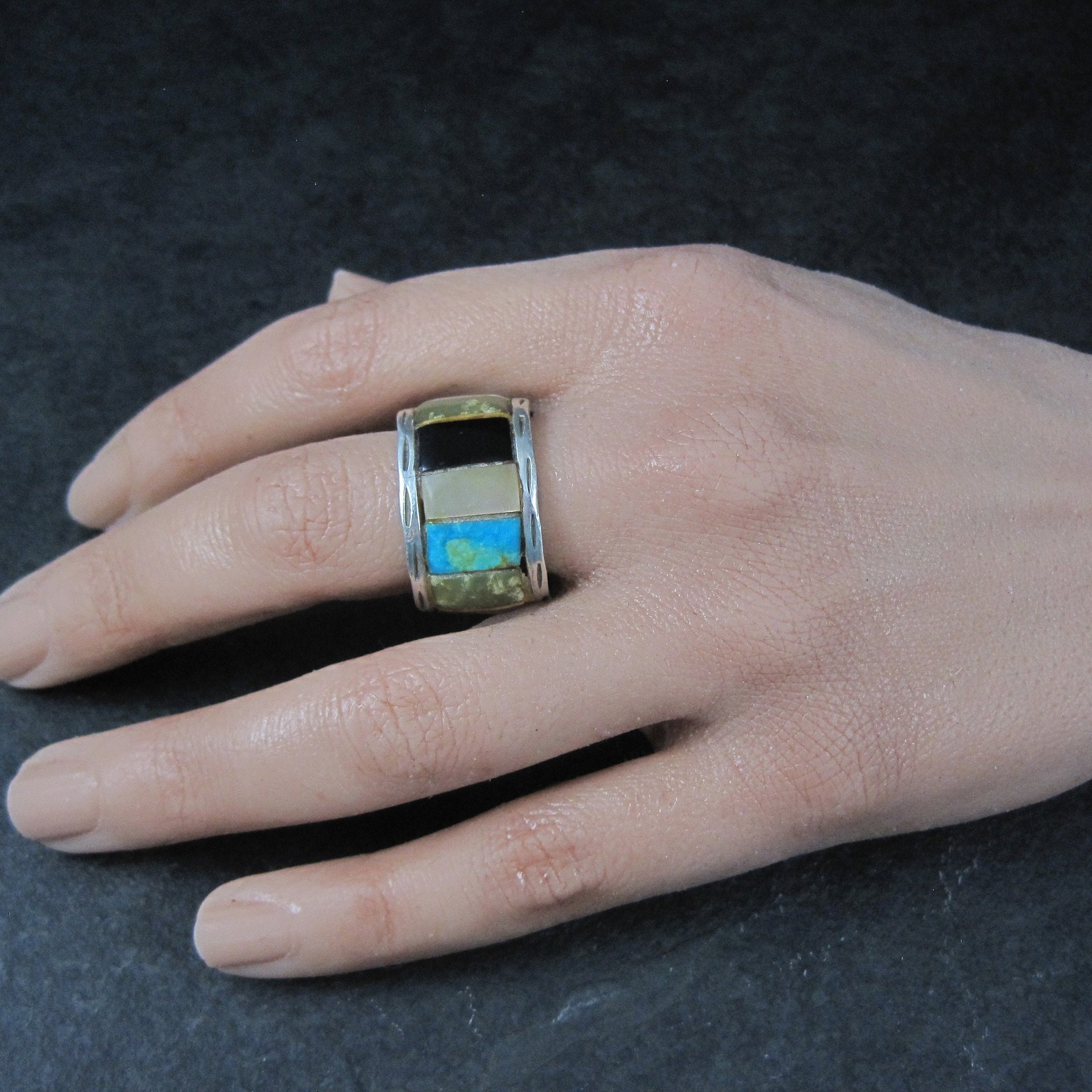 Vintage Sterling Inlay Ring Size 7 Navajo Edison Cummings