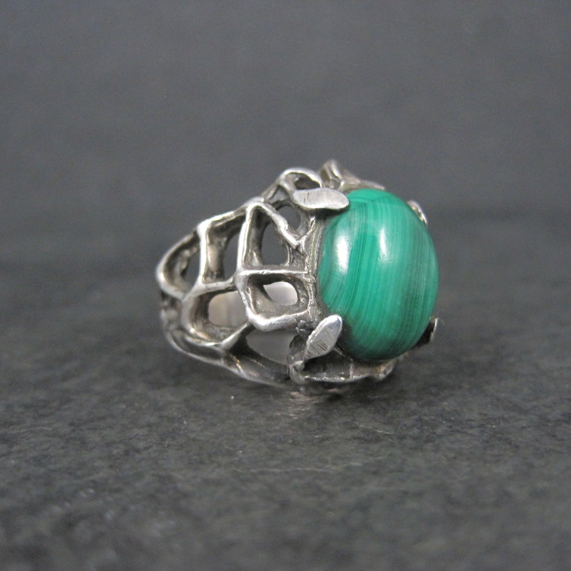 Vintage Brutalist Sterling Malachite Ring Size 6.5
