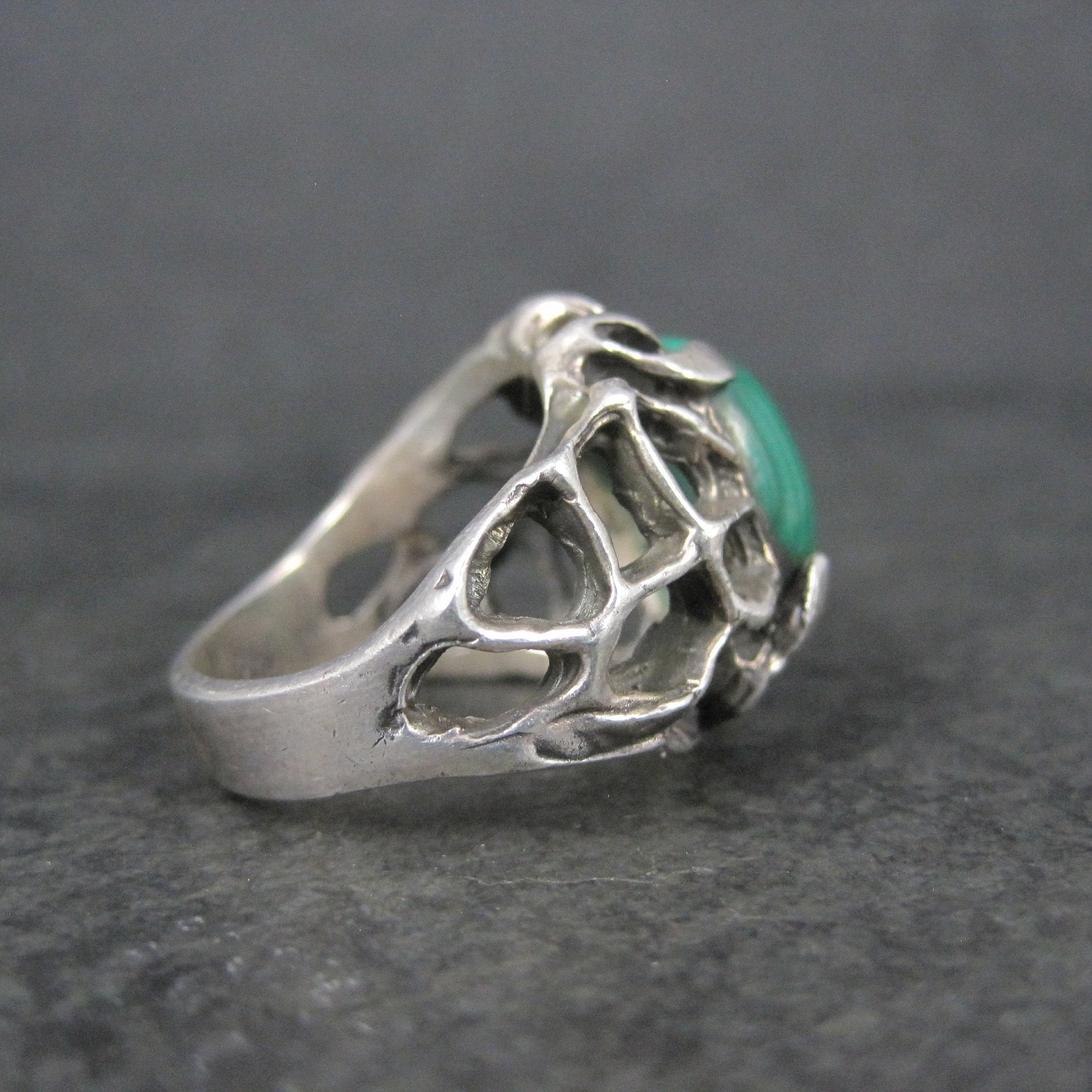 Vintage Brutalist Sterling Malachite Ring Size 6.5