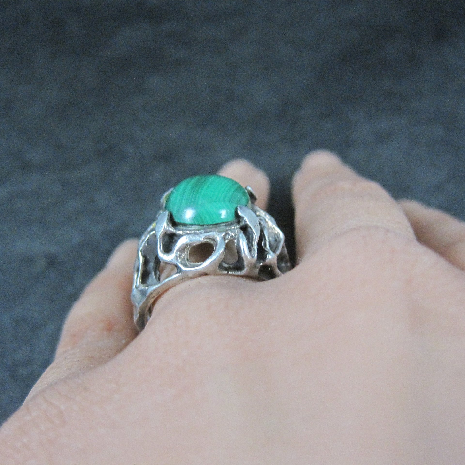 Vintage Brutalist Sterling Malachite Ring Size 6.5
