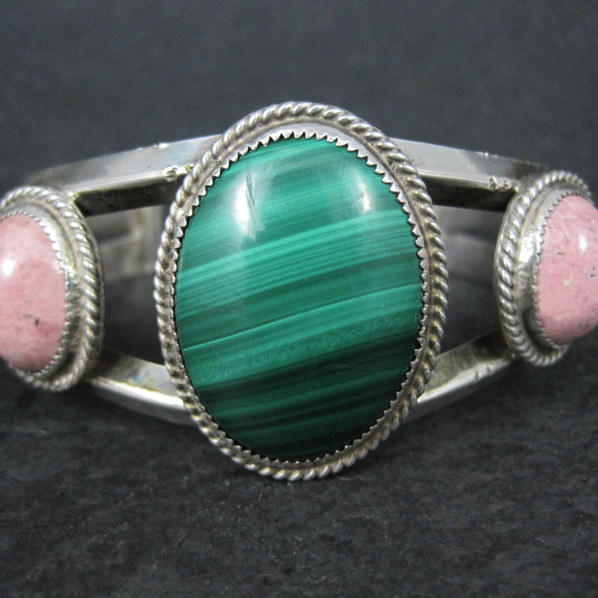 Heavy Southwestern Sterling Malachite Rhodonite Cuff Bracelet 6.25"