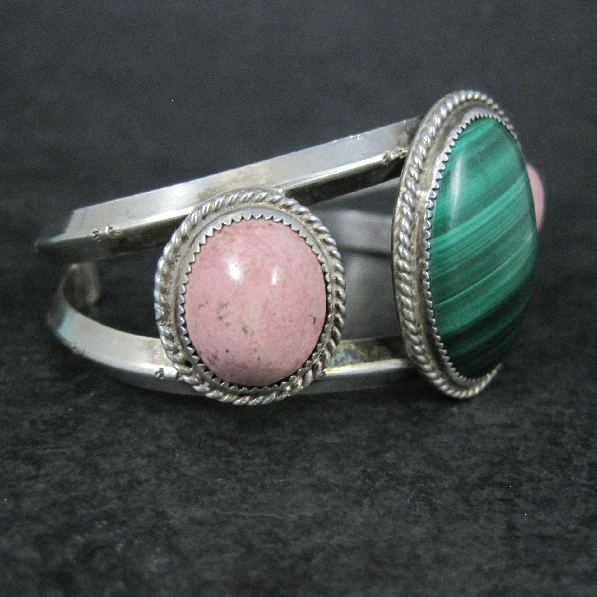 Heavy Southwestern Sterling Malachite Rhodonite Cuff Bracelet 6.25"