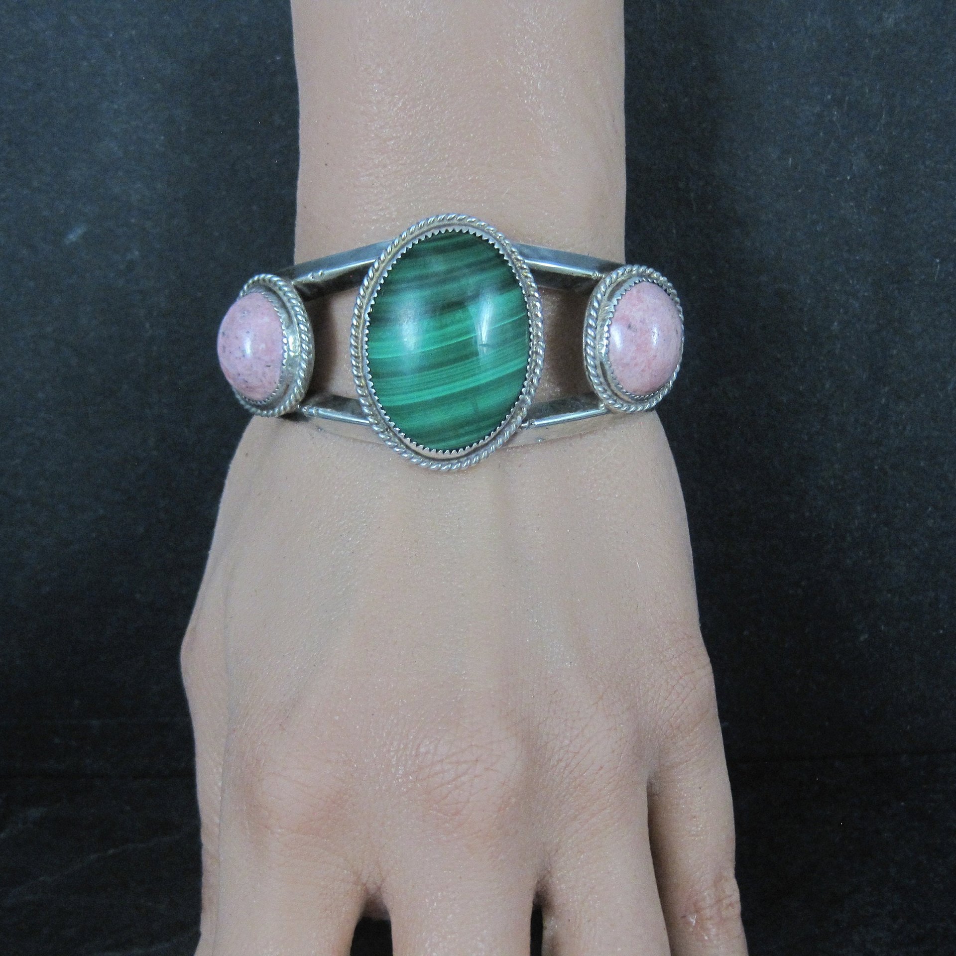 Heavy Southwestern Sterling Malachite Rhodonite Cuff Bracelet 6.25"